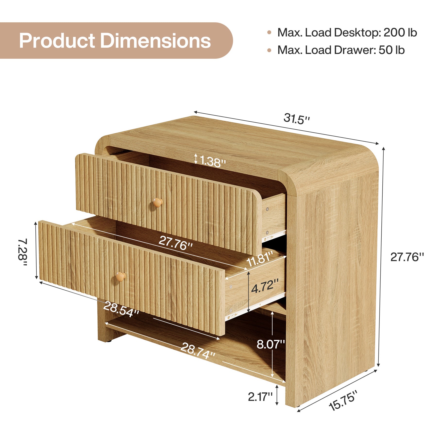 Oversized Nightstand with 2 Drawers, 31.5" Wide Bedside Table with Open Storage