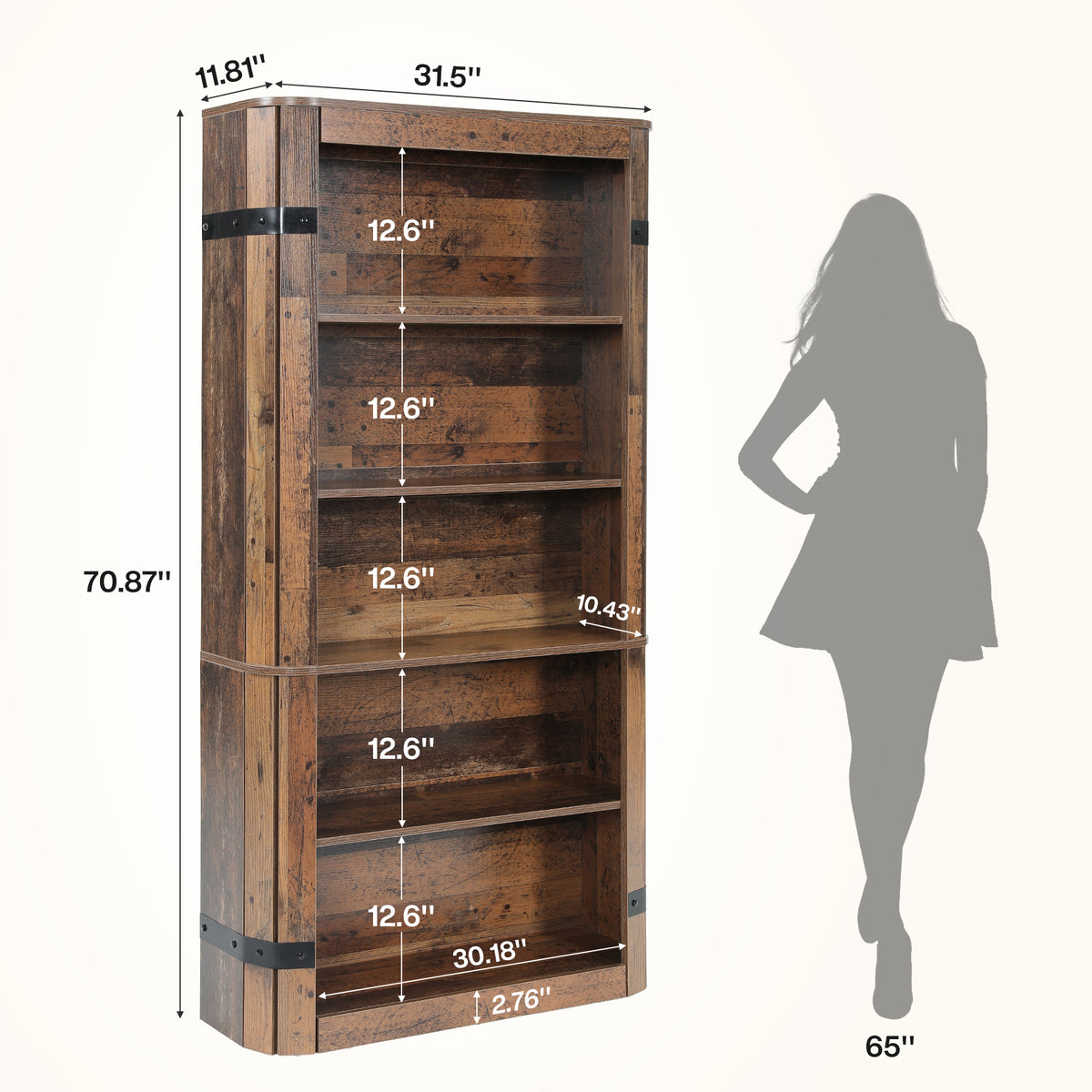 71" Tall Farmhouse Bookshelf, 5-Tier Home Office Bookcase with Storage