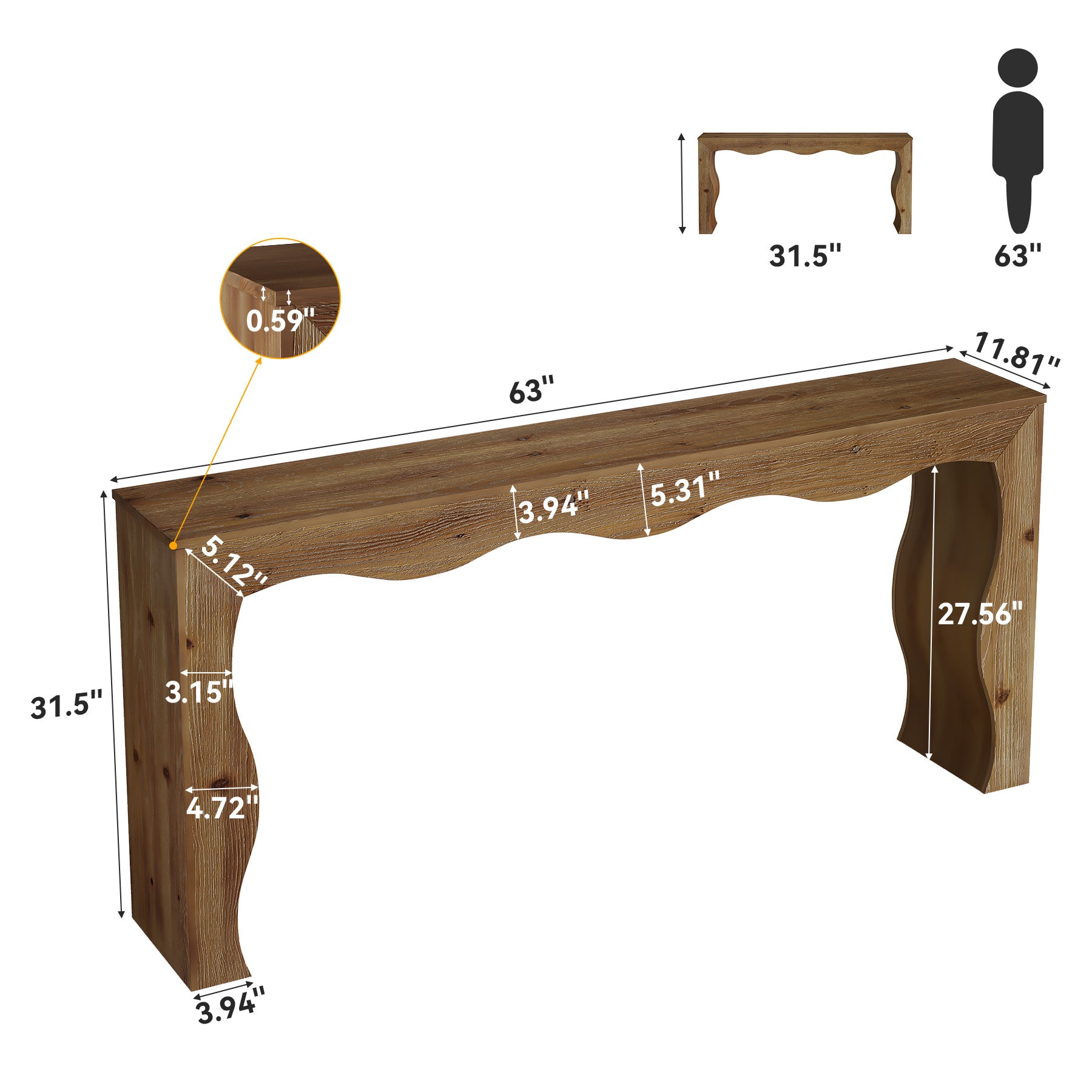 63" Solid Wood Console Table, Farmhouse Entryway Sofa Table with Wavy Edge