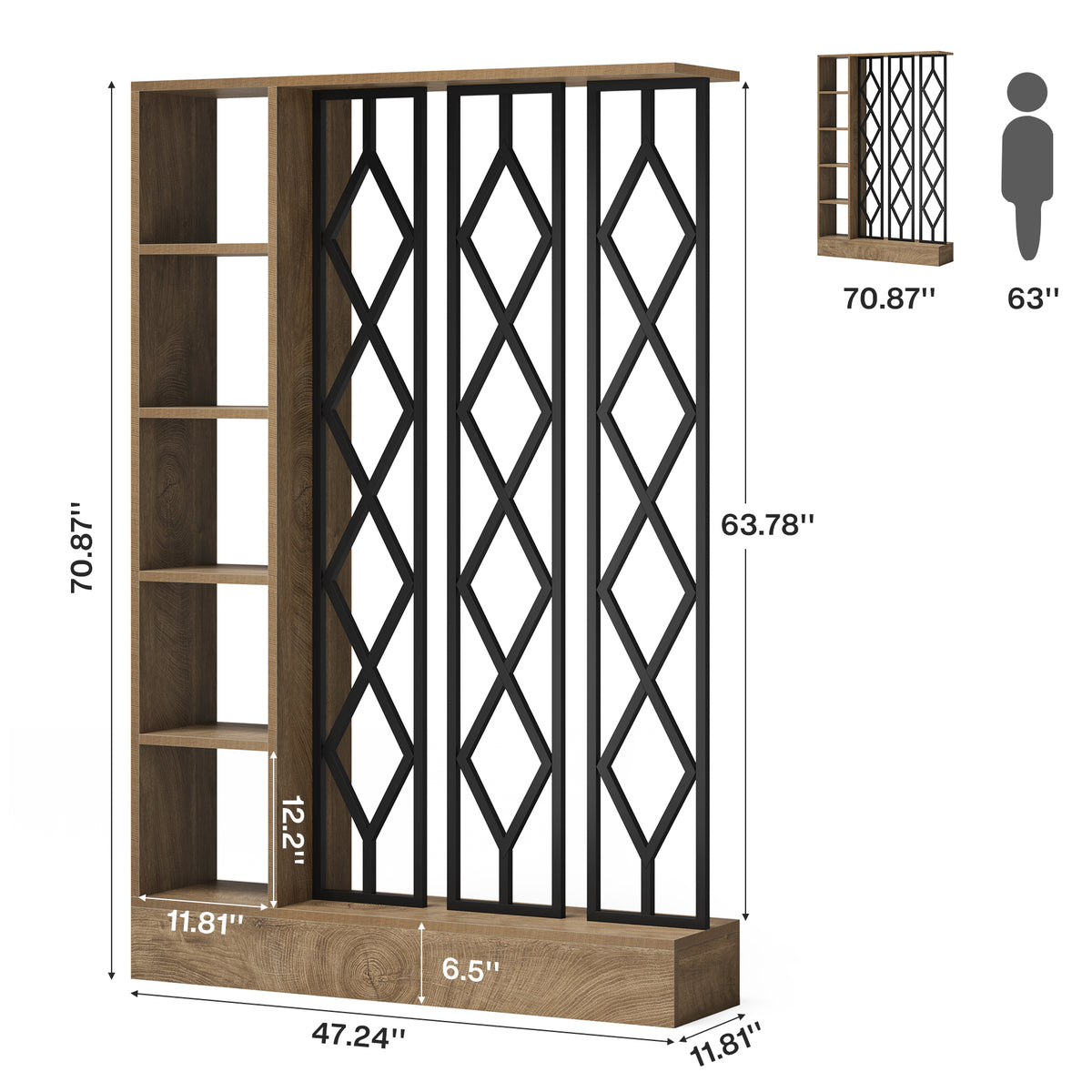 70.87" Tall Wall Room Divider, Freestanding Wall Partition with 5-Tier Storage Shelves
