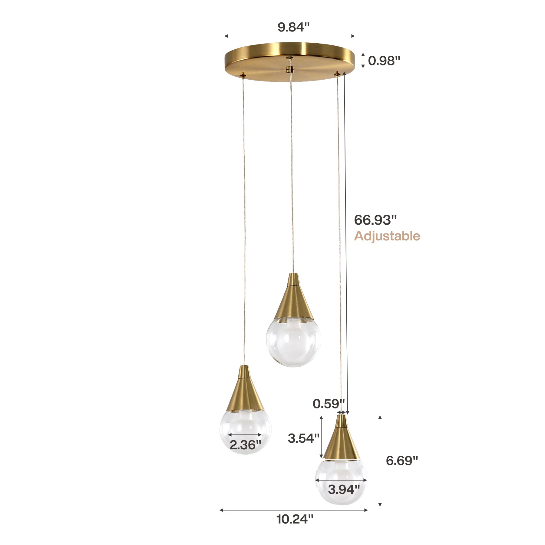 3-Light Pendant Light, Brushed Brass Adjustable Ceiling Light Fixtures