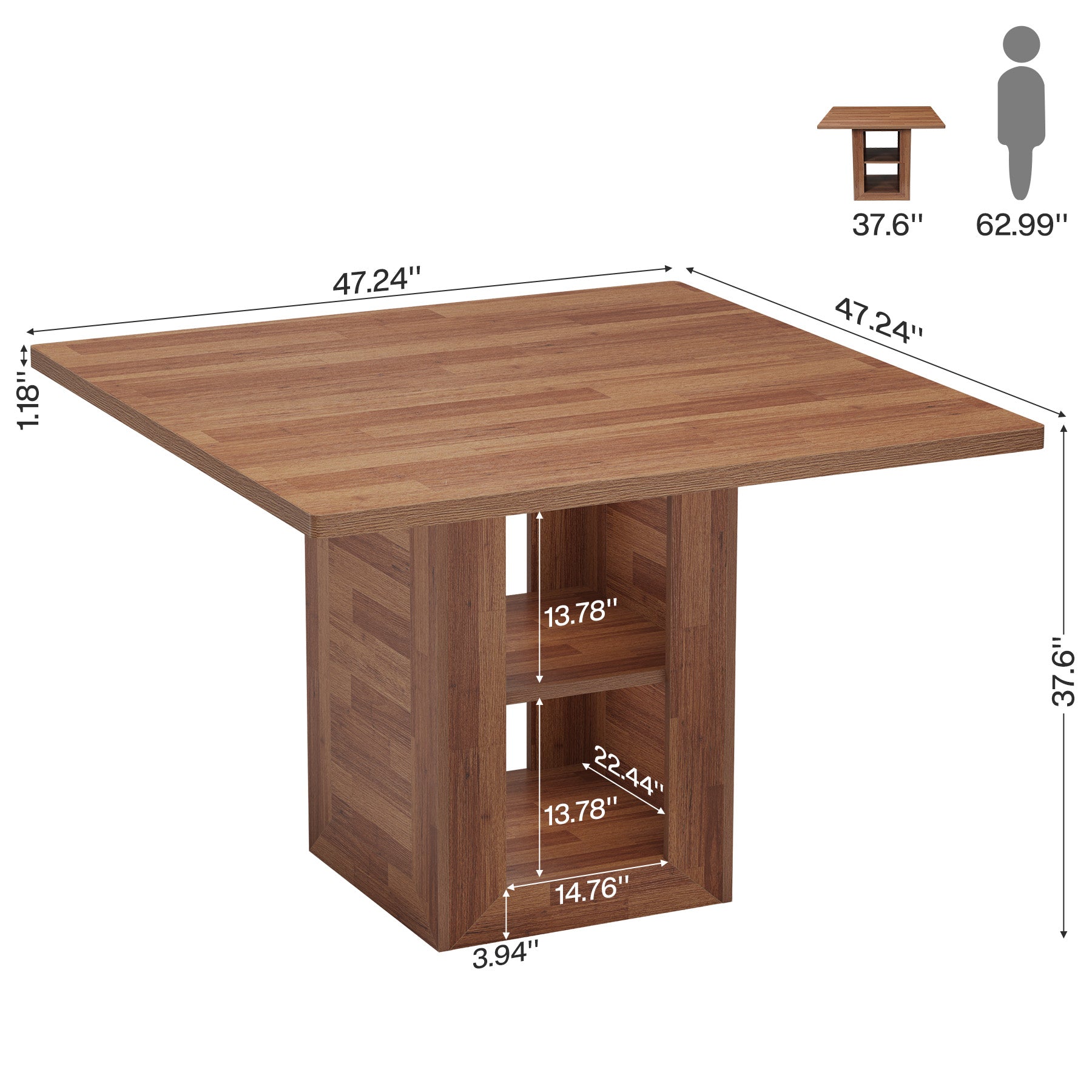 47" Square Counter Height Bar Table, Mid-Century Thick Pedestal Base, Storage, Pub Table