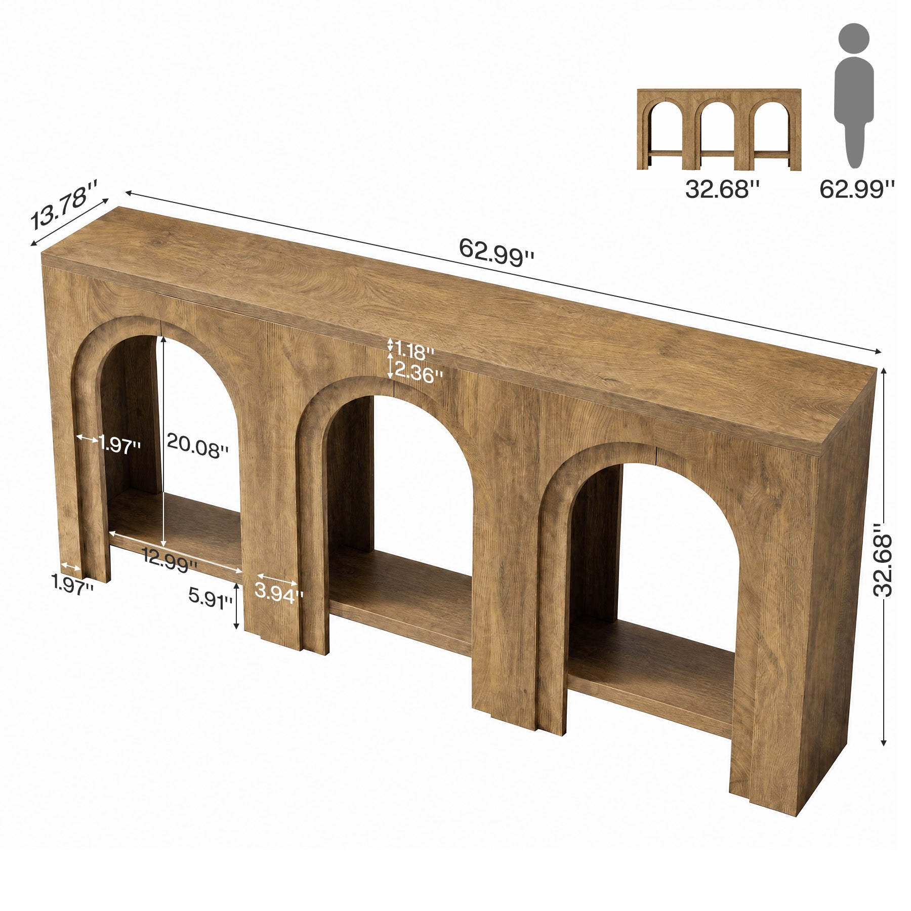 63" Arched Console Table, 2-Tier Narrow Sofa Table for Entryway, Living Room