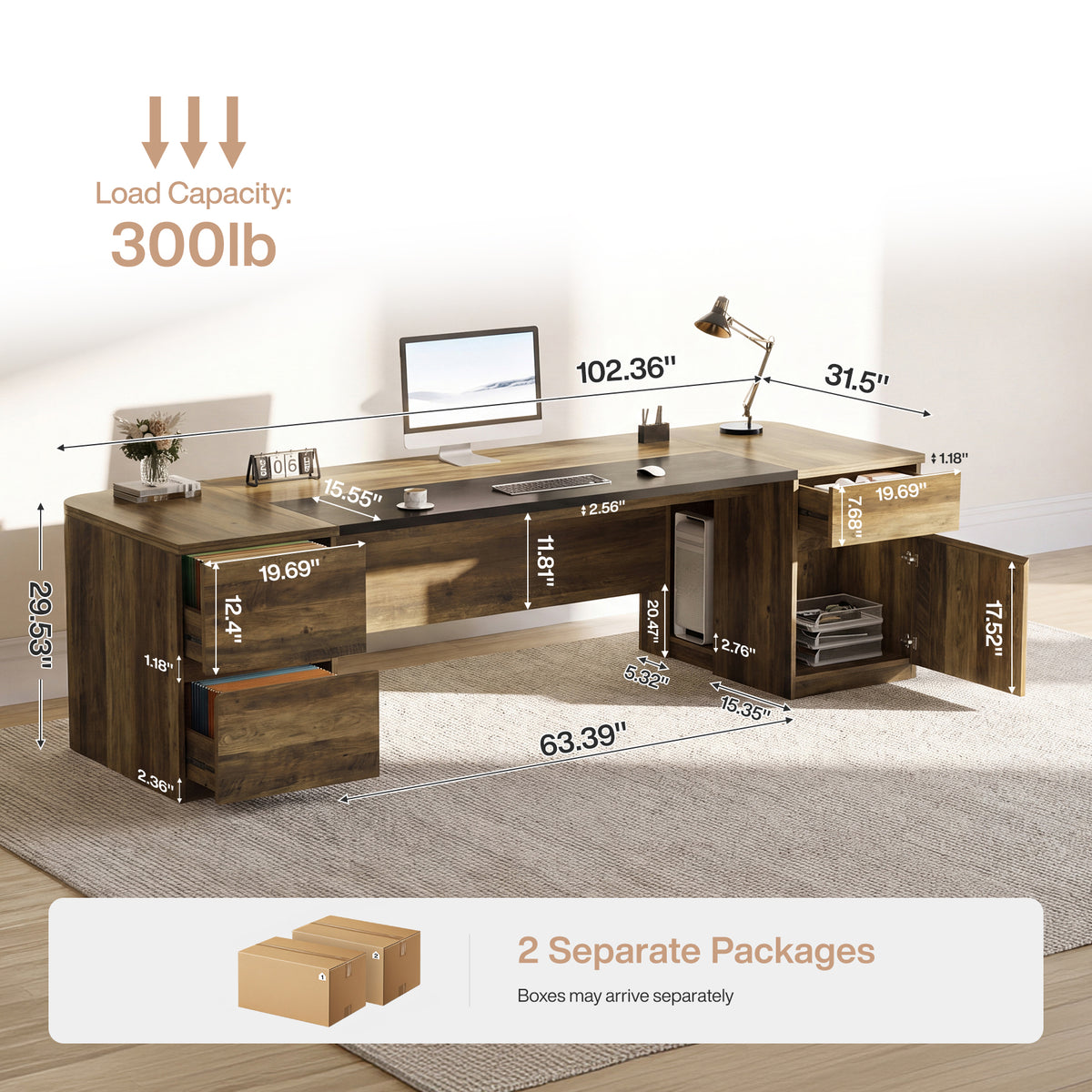102" Executive Desk, Extra-Long Office Computer Desk with Drawers & Storage Cabinets