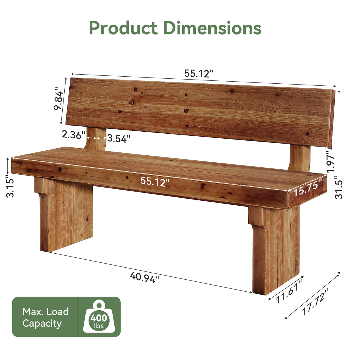 55" Solid Wood Entryway Bench with Backrest, Shoe Bench for Hallway & Mudroom