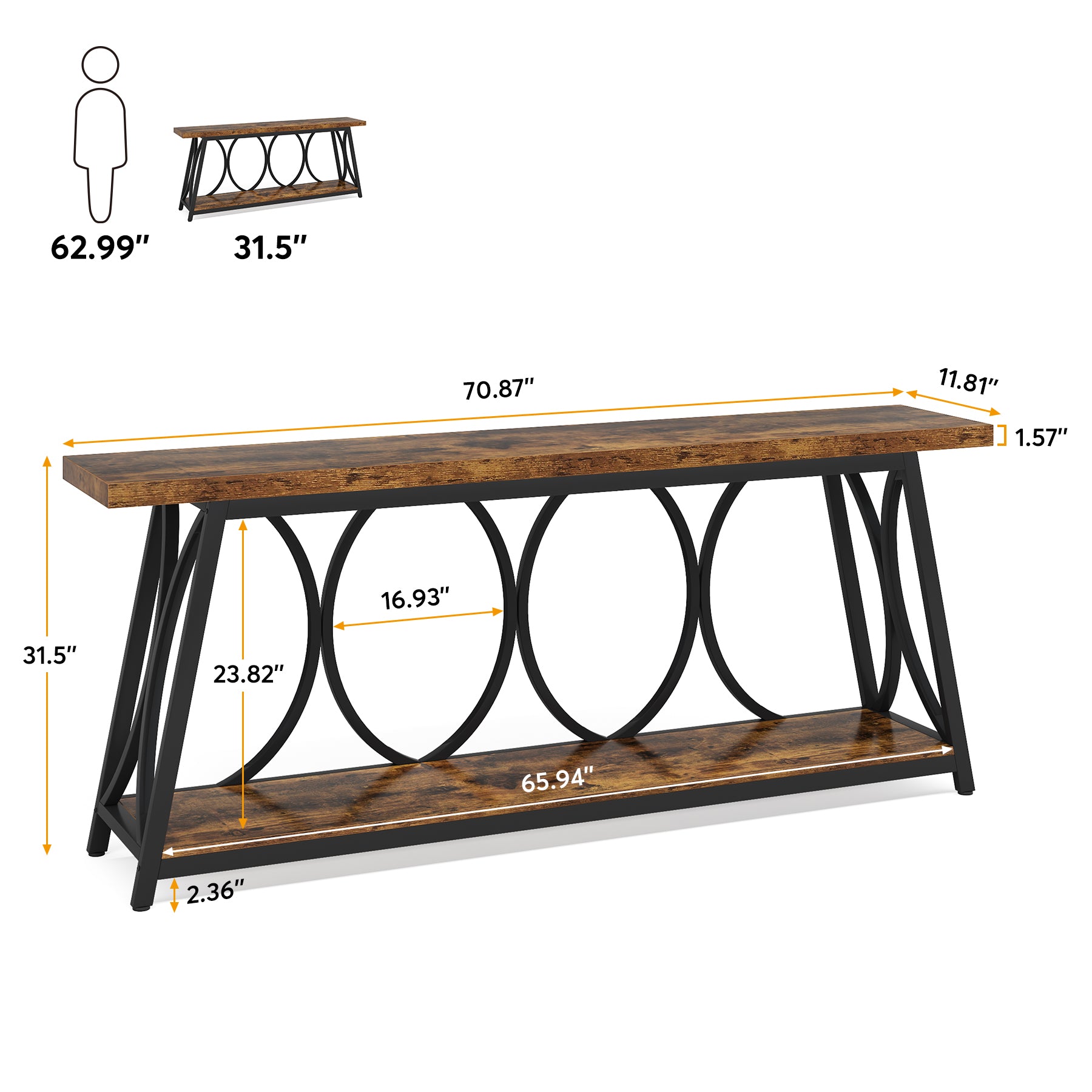 70.9" 2-Tier Industrial Console Table, Sofa Table with Shelves for Living Room or Entryway