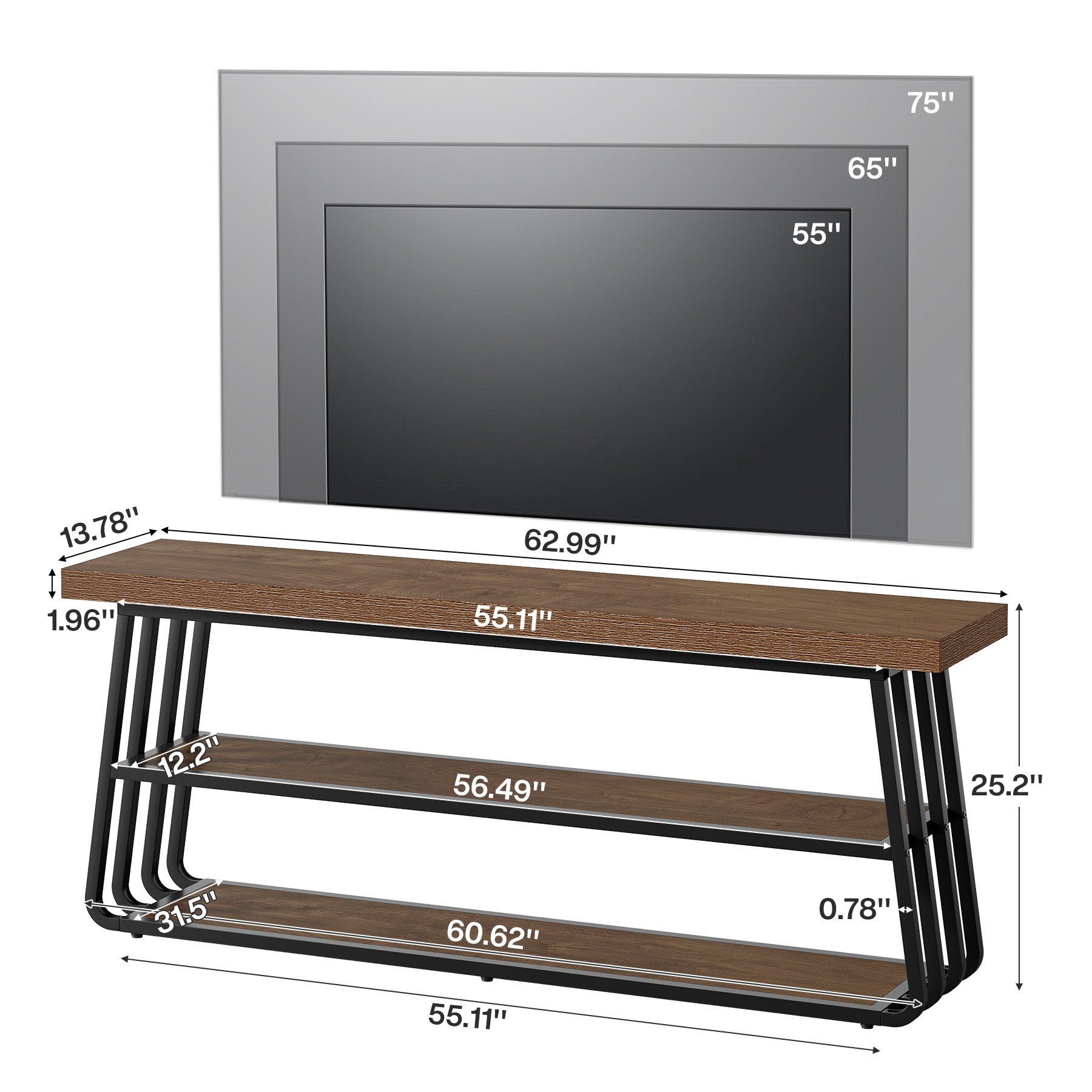 63" TV Stand for 55-75" TV, 3-Tier Entertainment Media Console with Metal Frame for Living Room
