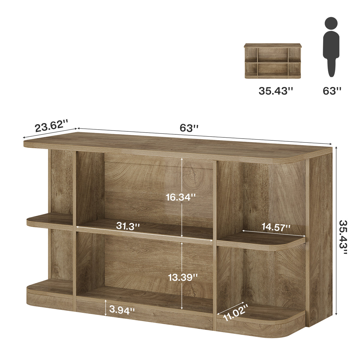 63" Kitchen Island with Storage Shelves & Seating Space, Stationary Island Table