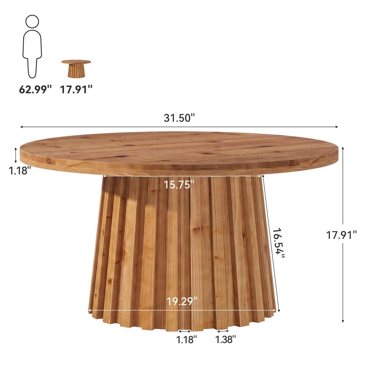 32" Round Fluted Coffee Table, Farmhouse Solid Wood Living Room, Circle Center Tea Table