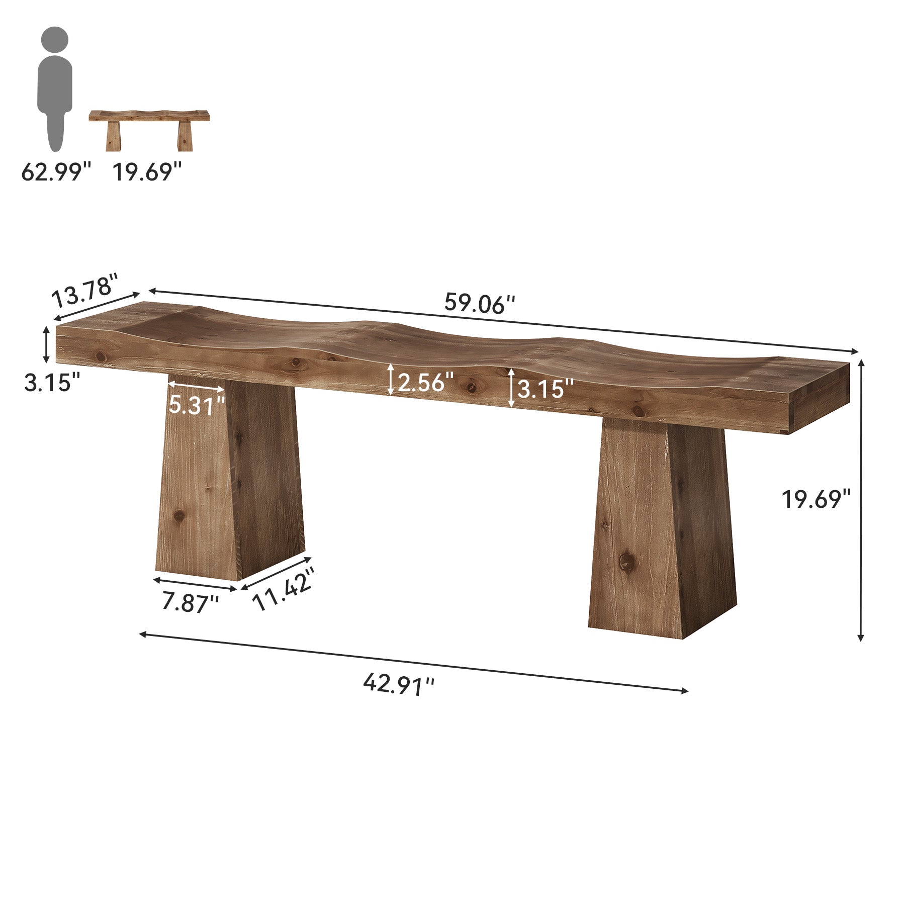 Solid Wood Entryway Bench, 59" End of Bed Bench with Wavy Edges Design