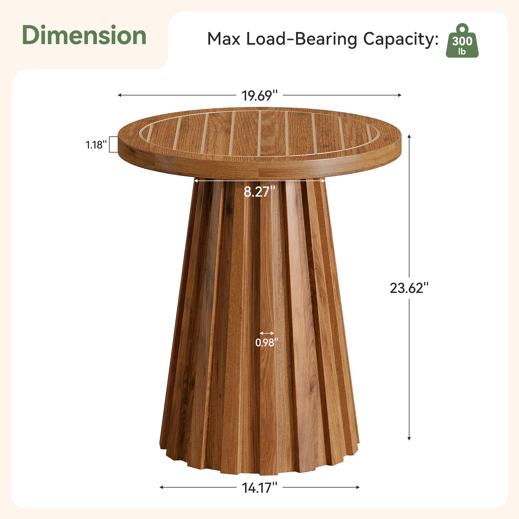 20" Round Side Table, Solid Wood End Table with Fluted Base for Living Room