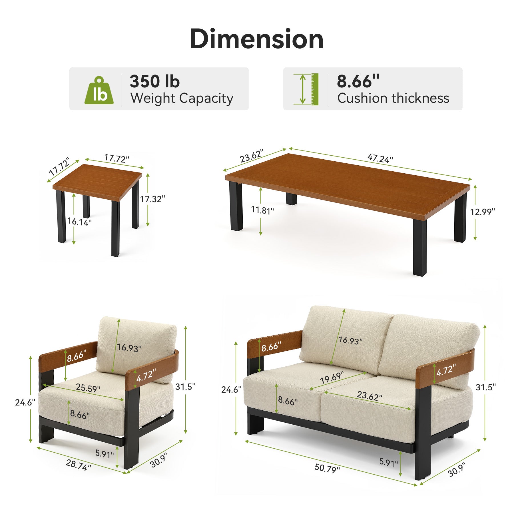 5-Piece Outdoor Conversation Set, 4 Seats Patio Sectional with Coffee Table & Side Table