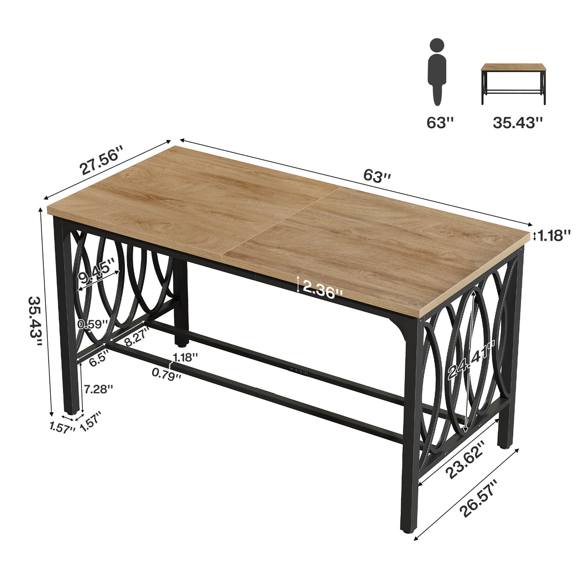 63" Industrial Bar Height Dining Table, Metal Footrest & Decorative Frame, Rectangular Pub Table(Only Table)