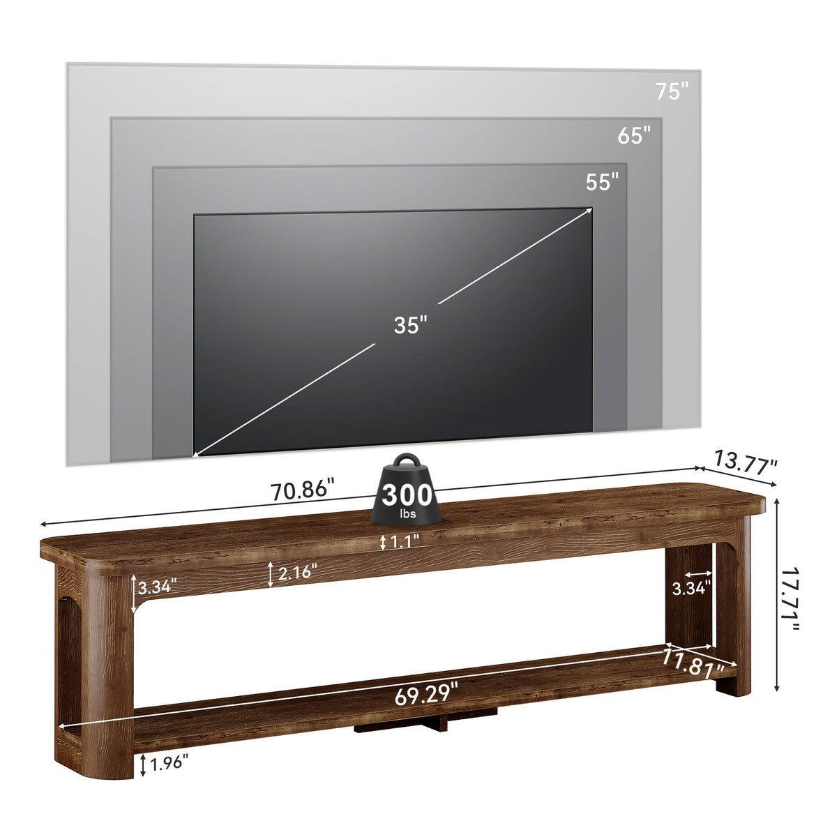 71 Inch Solid Wood TV Stand with Open Storage Shelf, Farmhouse Media Console for Living Room