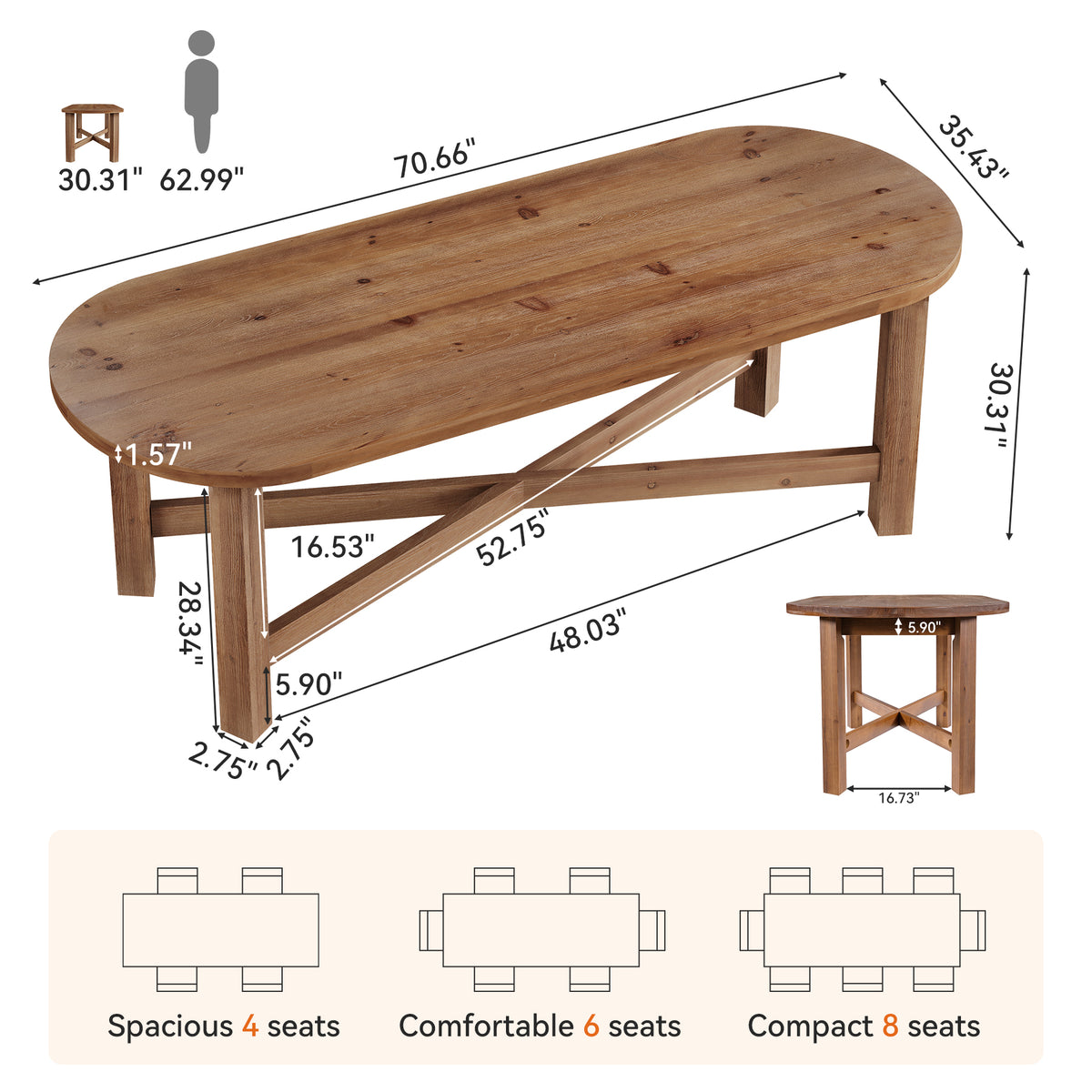 70.7" Solid Wood Computer Desk, Farmhouse 2-Person Desk with Oval Tabletop for Home Office