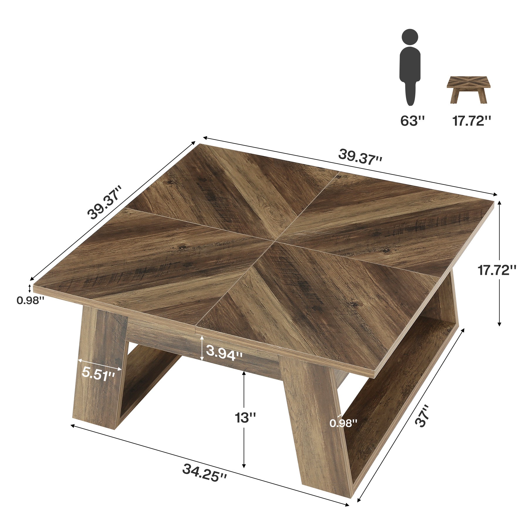 39.4" Square Coffee Table, Sturdy Center Table with Geometric Wood Grain