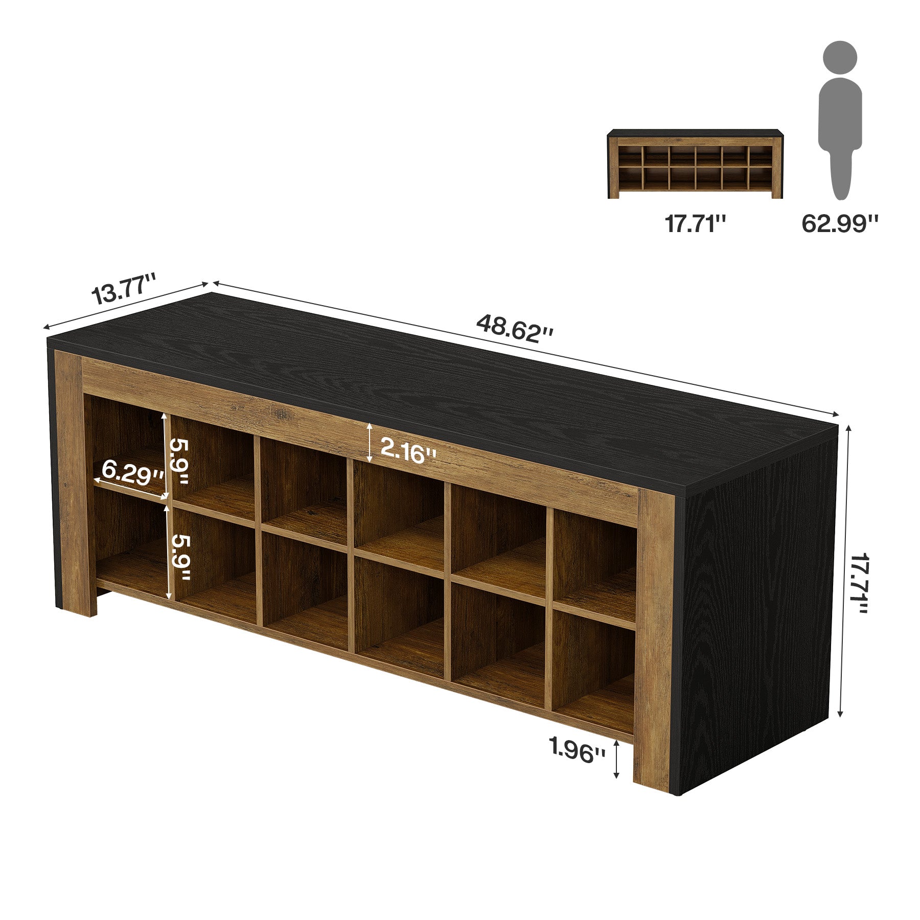 48" Farmhouse Entryway Bench, Shoe Storage Bench with 12 Cubbies for Hallway
