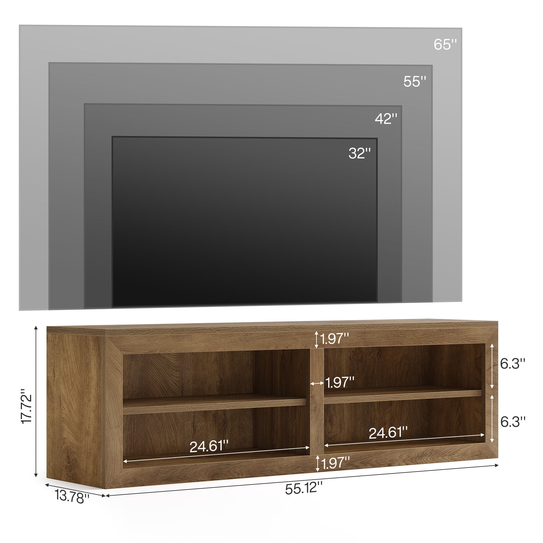 55" TV Stand for TVs up to 65", Modern Entertainment Center with 4 Open Shelves
