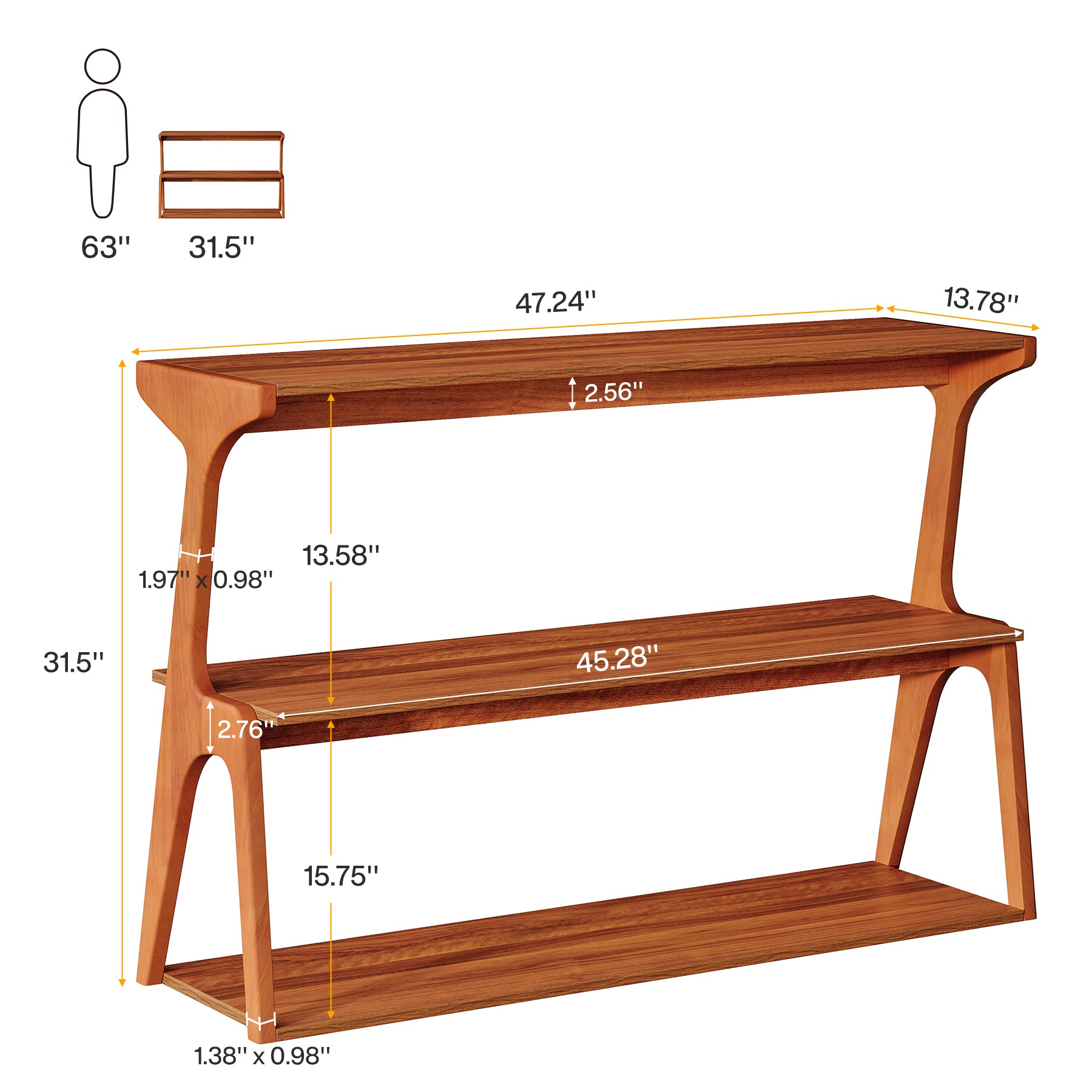 3-Tier Console Table, 47" Narrow Entryway Sofa Table with Solid Wood Legs
