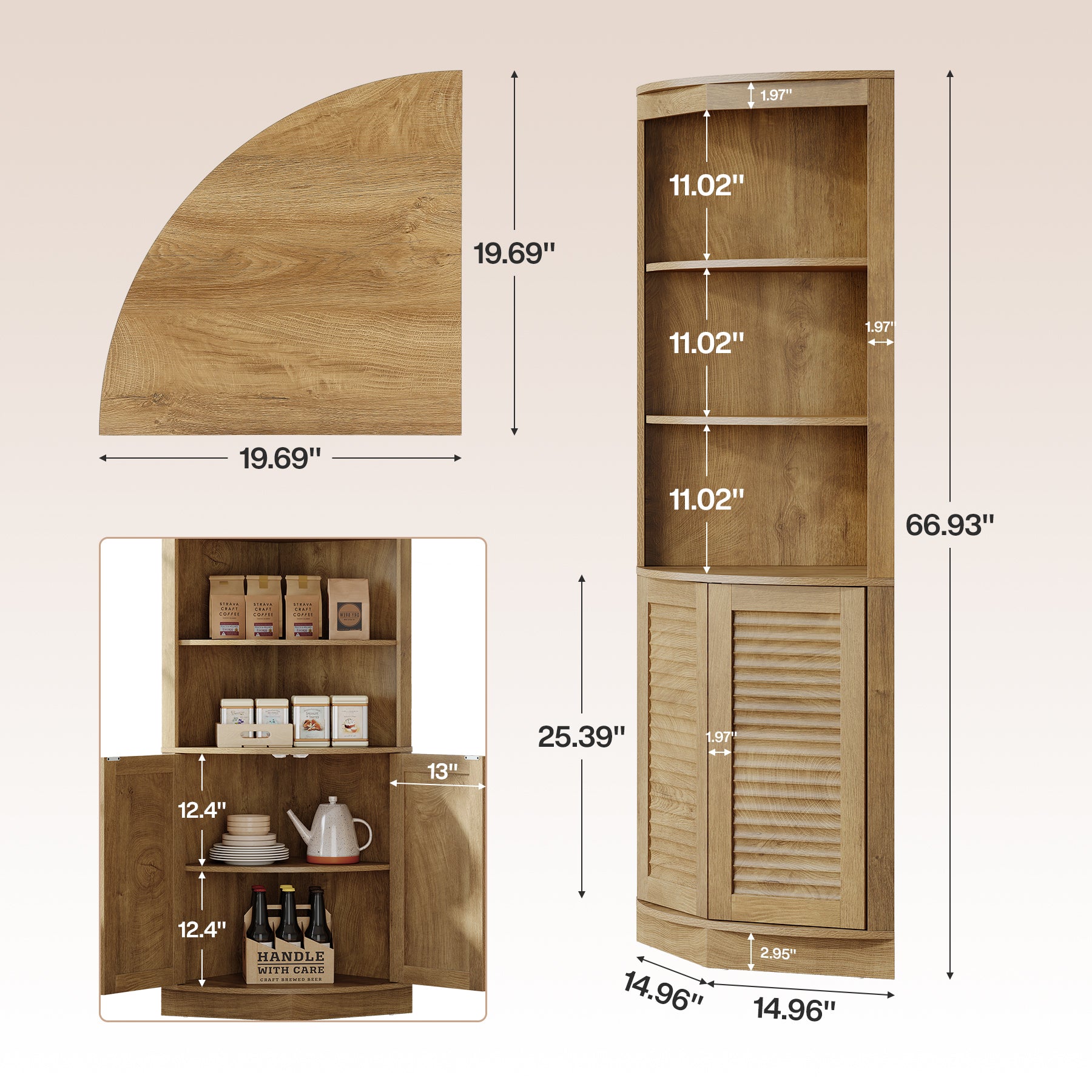 66.9" Corner Storage Cabinet, 5-Tier Corner Shelf with Fluted Doors & Open Shelves
