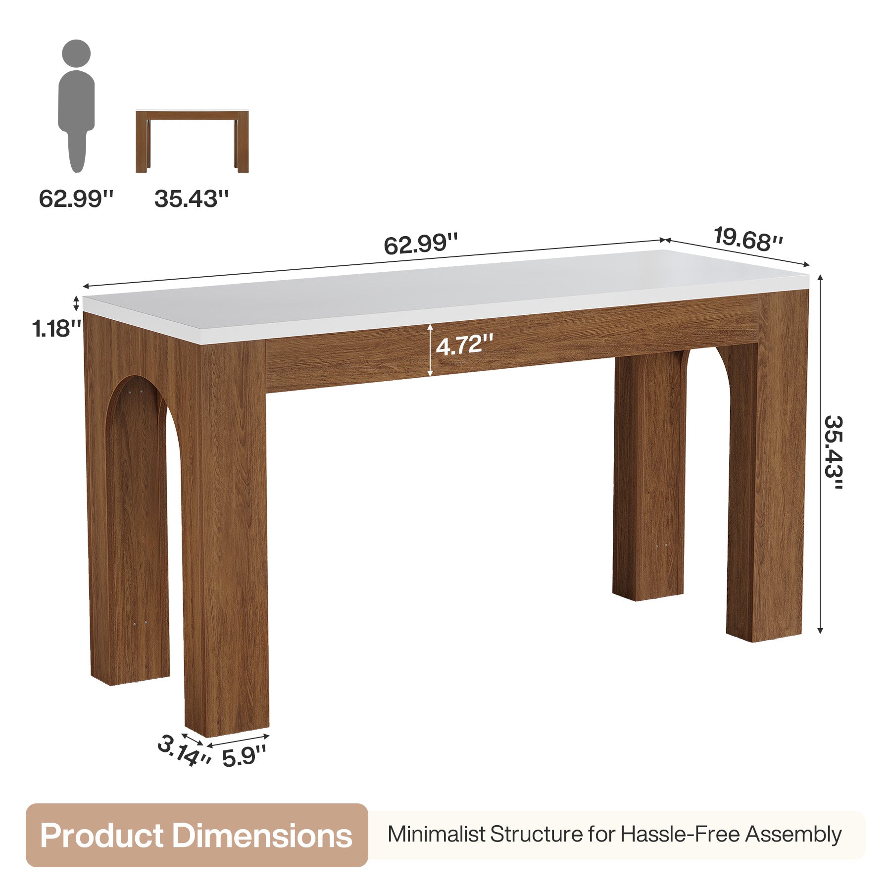 63" Modern Bar Table, Rectangular Counter Height Pub Table with Arched Leg