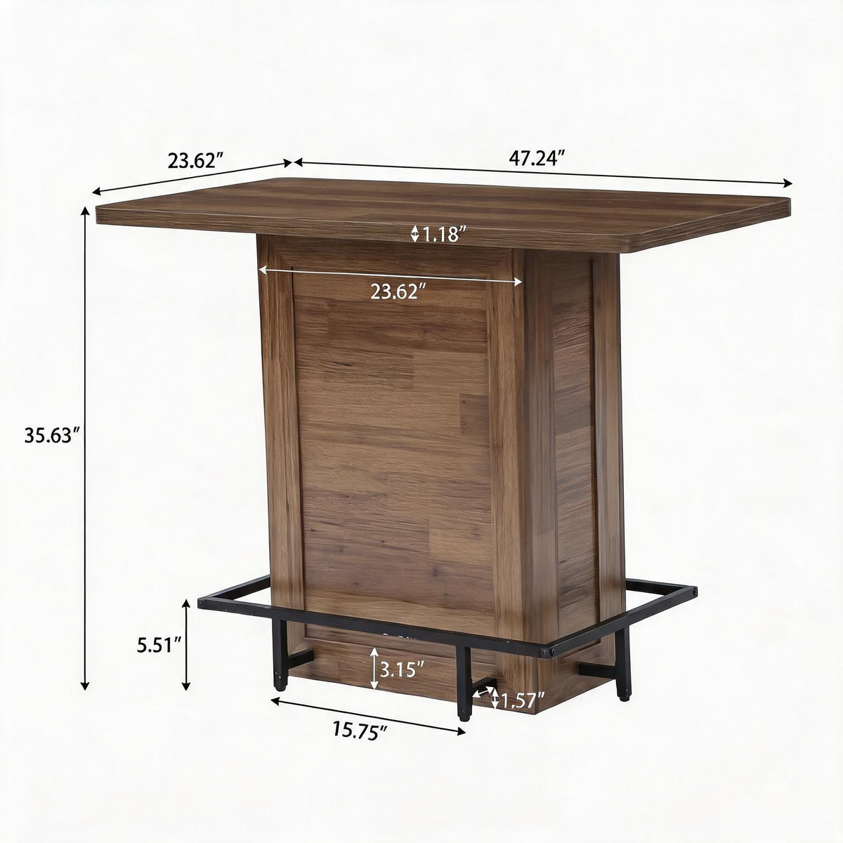 47.24" Bar Table, Farmhouse High-Top Pub Table with Metal Footrest & Adjustable Feet