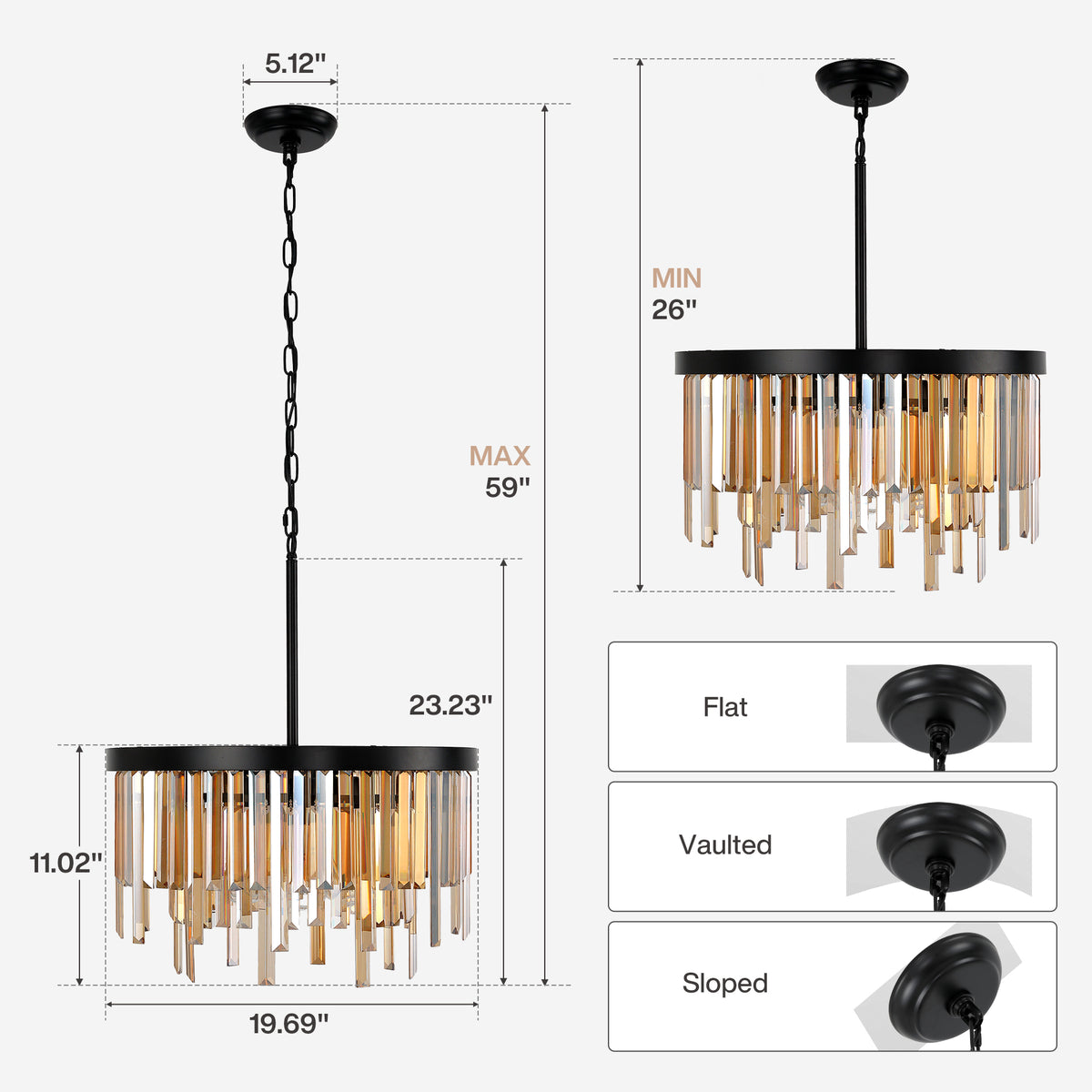 20" Modern Crystal Chandelier, 6-Light Black Pendant Light with Amber Crystal