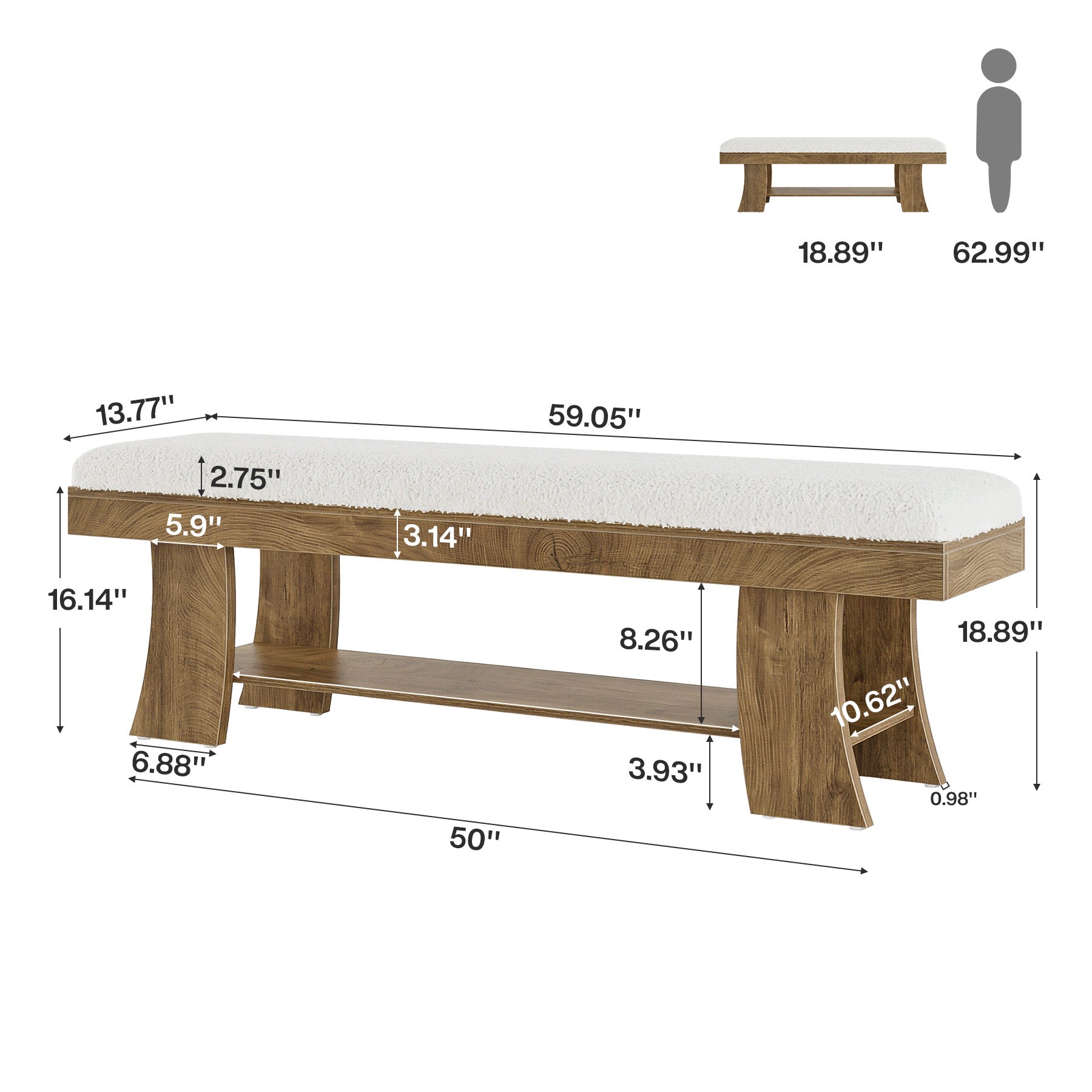 59" Upholstered Entryway Bench, Cushioned Shoe Bench Seat with Storage Shelf