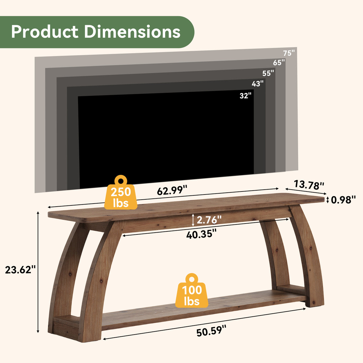 63" Solid Wood TV Stand for up to 75" TVs, 2-Tier  Entertainment Center with Open Storage