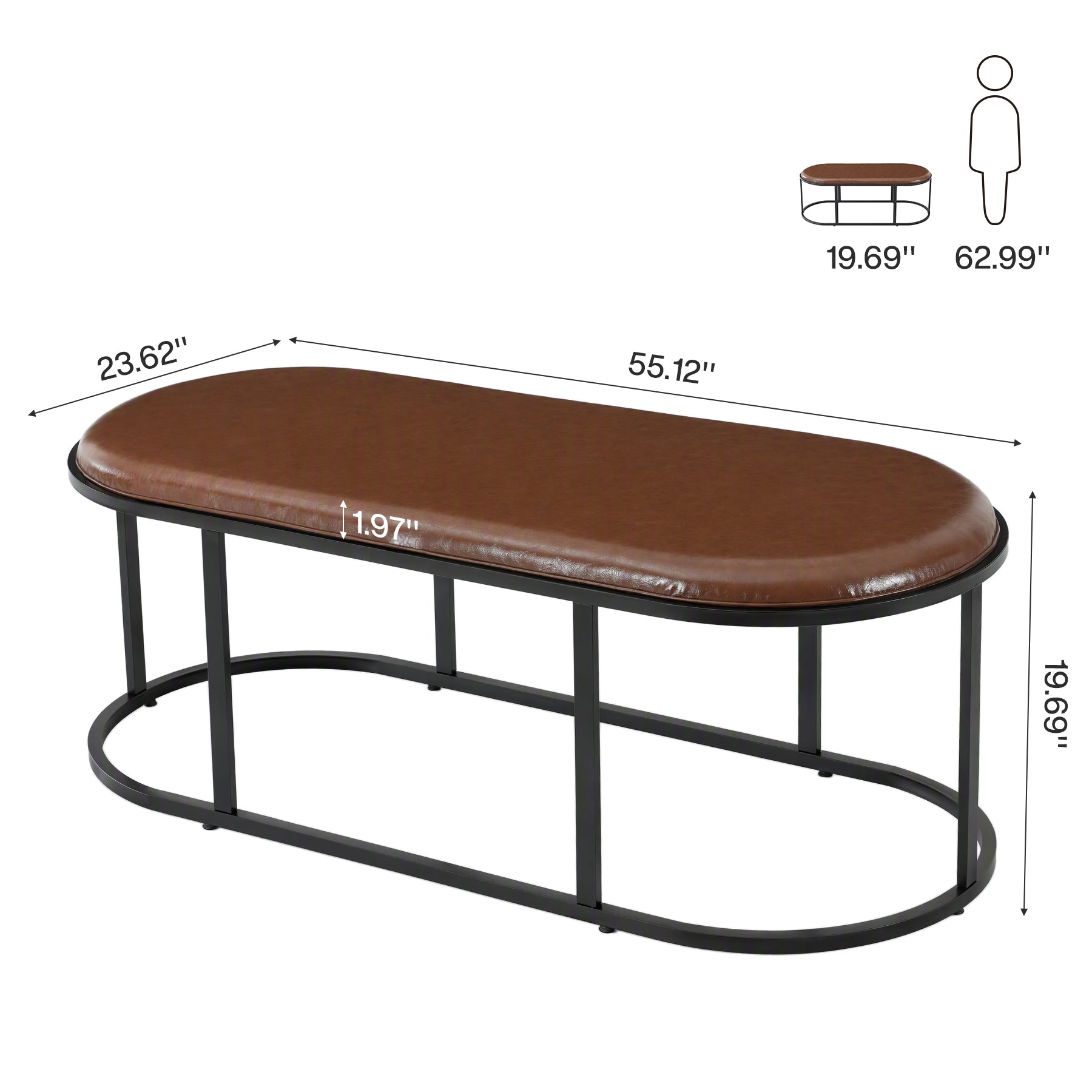 Oval Faux Leather Coffee Table, 55.12" Upholstered Center Table with Metal Base