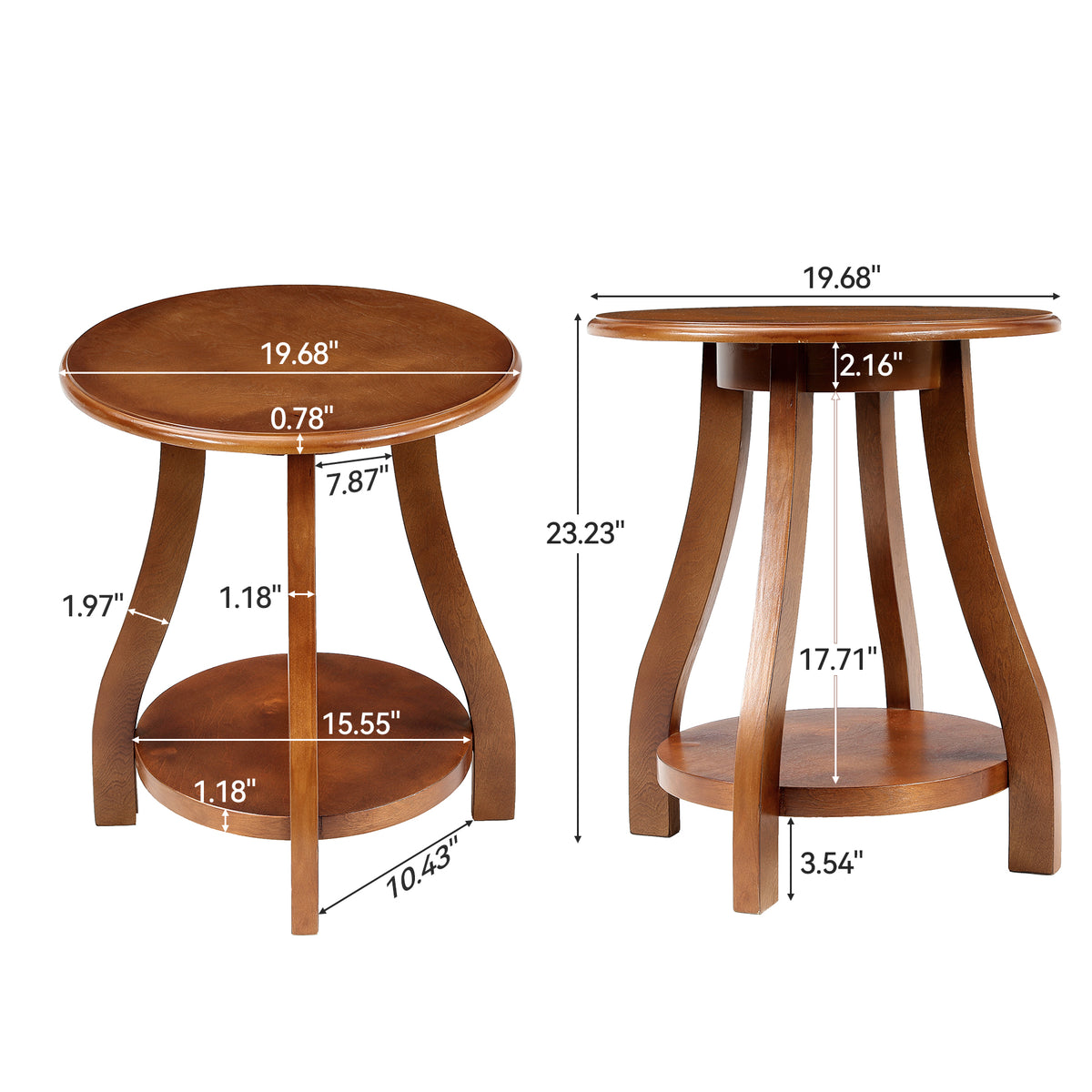 Solid Wood Round End Table, 2-Tier Small Side Table with Curved Legs for Living Room
