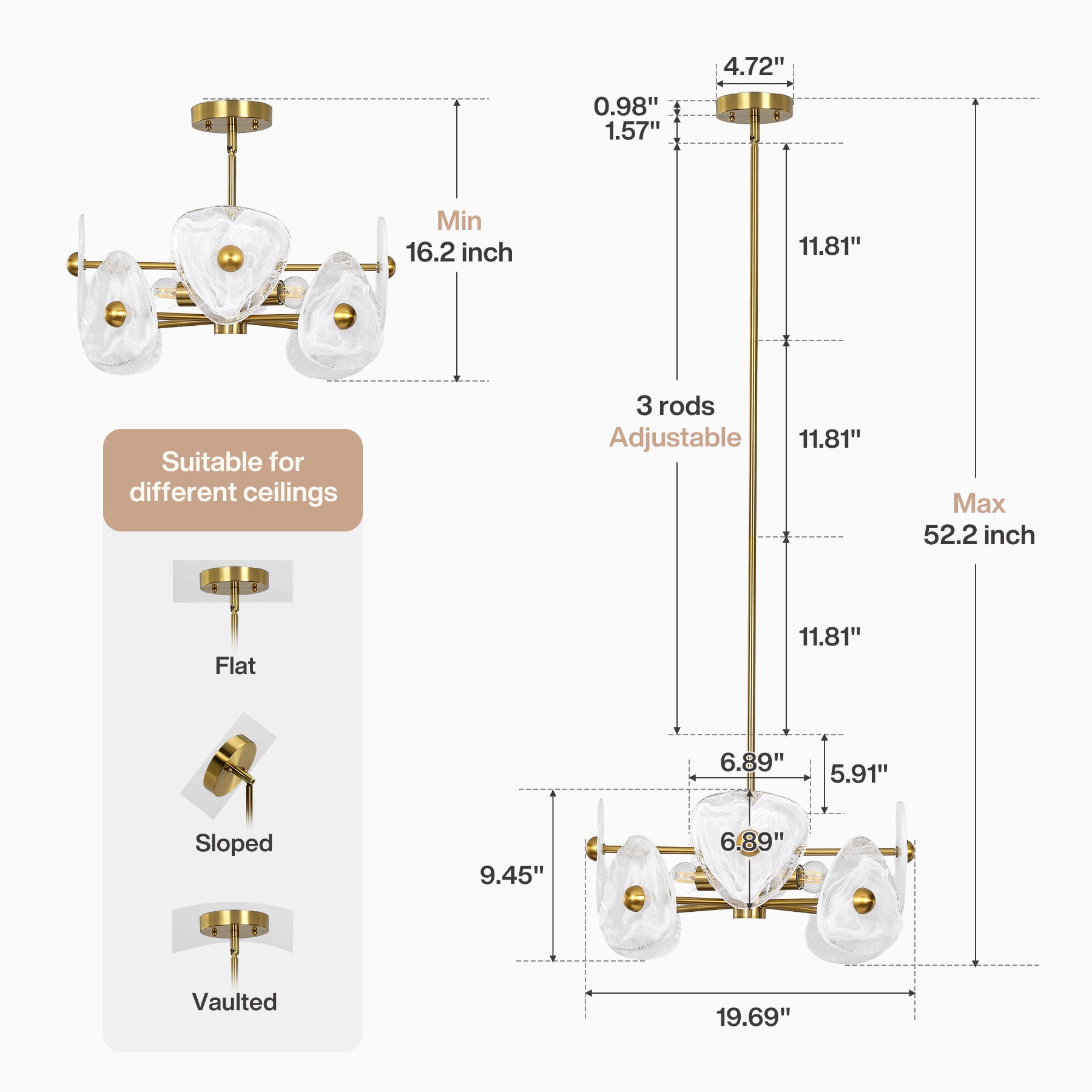 4-Light Chandelier, Pendant Light Fixtures with Cloud Glass Shades