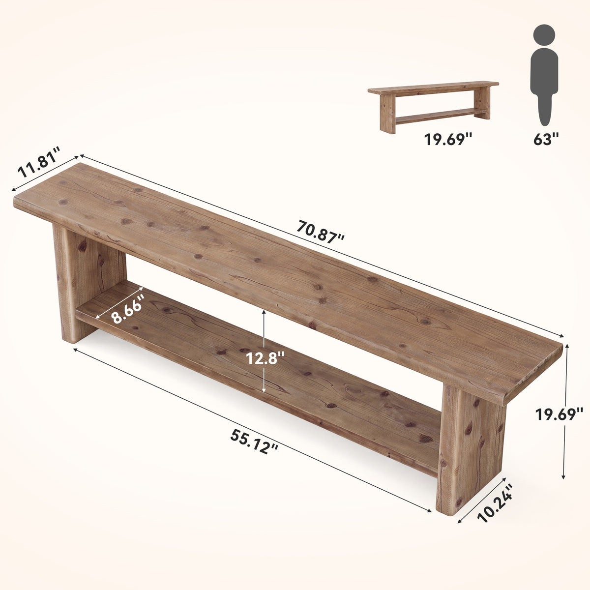 71” Solid Wood Entryway Bench with Shoe Storage Shelf, Indoor Storage Bench for Hallway