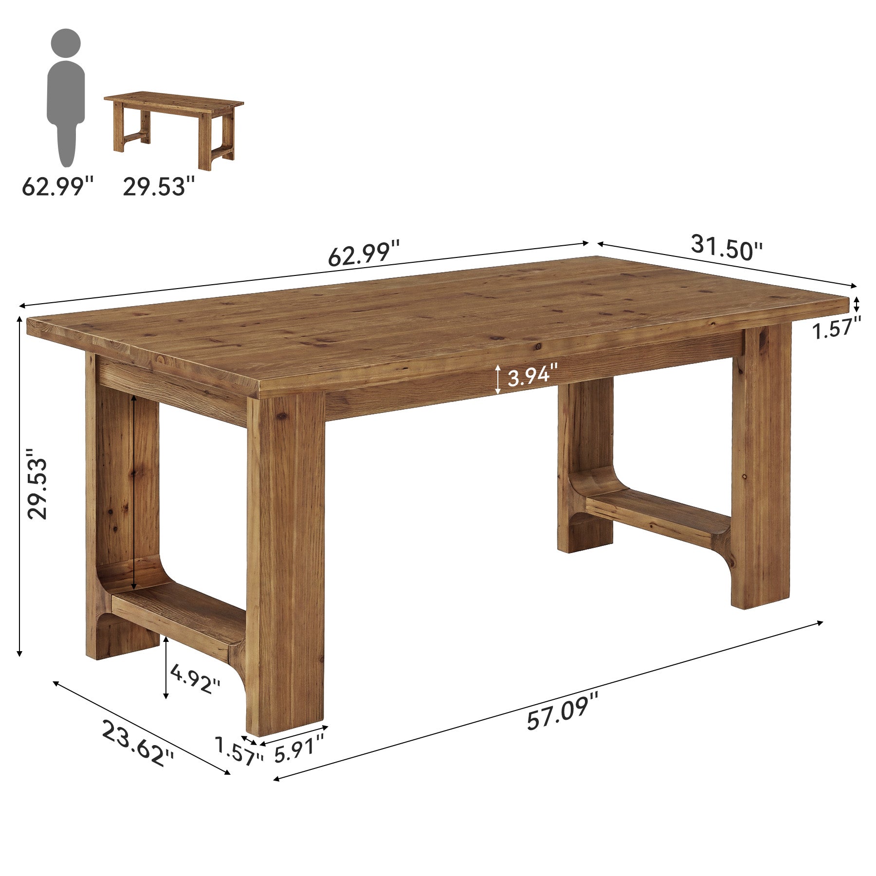 Tribesigns 63-Inch Solid Wood Dining Table with U-Shaped Legs, Farmhouse Kitchen Table for 6 People