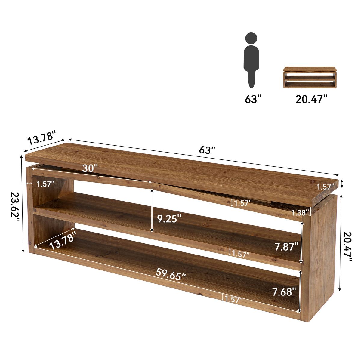 63" Farmhouse Solid Wood Console Table, 3-Tier Entryway Sofa Table with Open Shelves