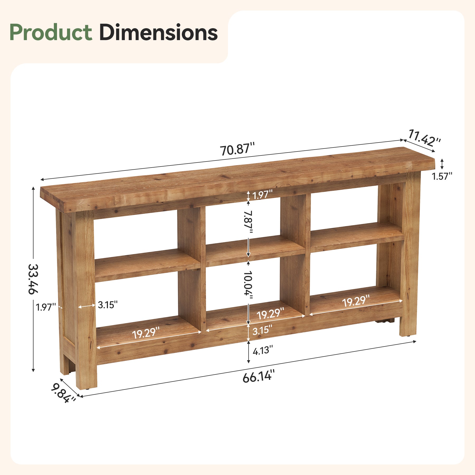 70.8" Long Console Table, 3-Tier Solid Wood Entryway Table with 6 Cubes Shelf