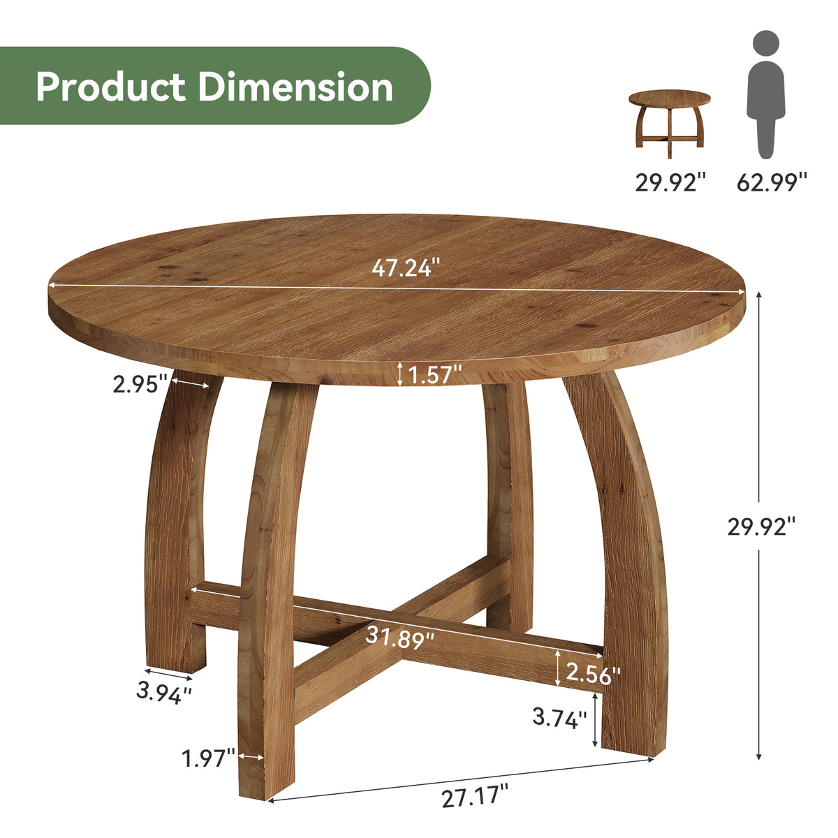 47" Solid Wood Dining Table for 4-6, Round Kitchen Table with Cross Base for Dining Room