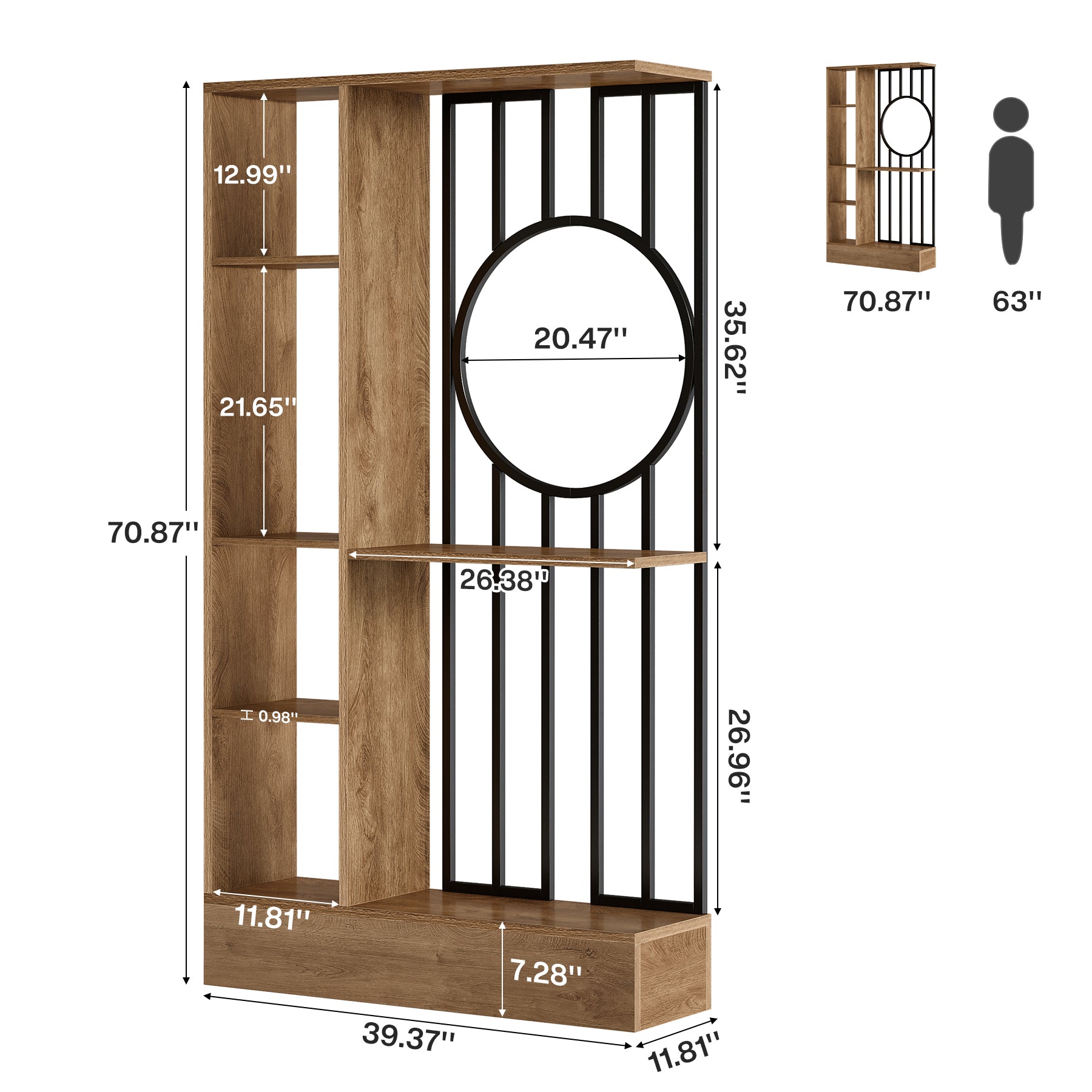 70.8" Wall Room Divider, Free-Standing Room Partition with Shelves