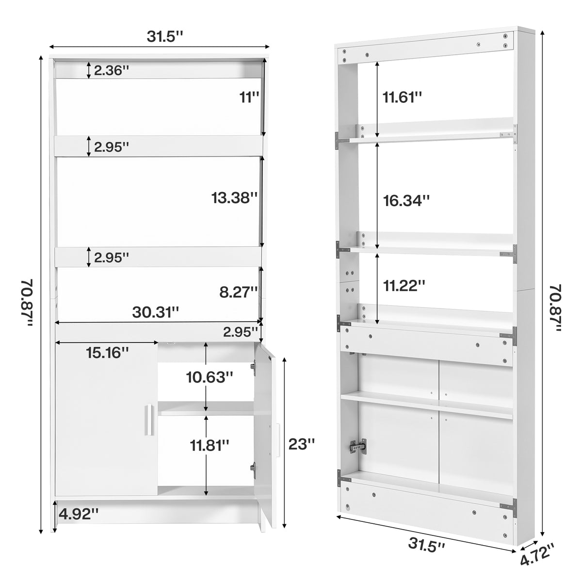 70.9" H Behind The Door Bookshelf, 5-Tier Narrow Bookcase with Open Shelves & Closed Cabinet