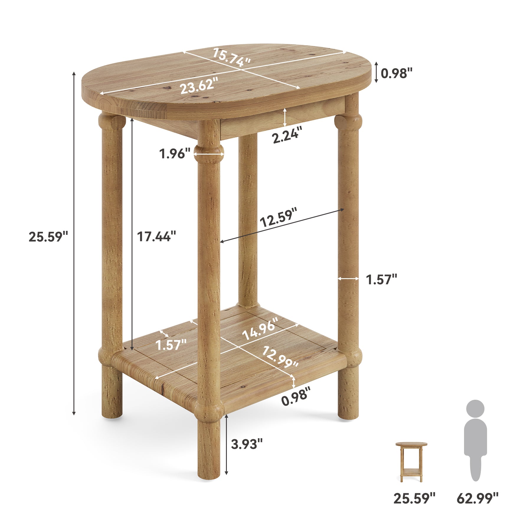 Solid Wood End Table, 2-Tier Oval Side Table with Storage Shelves