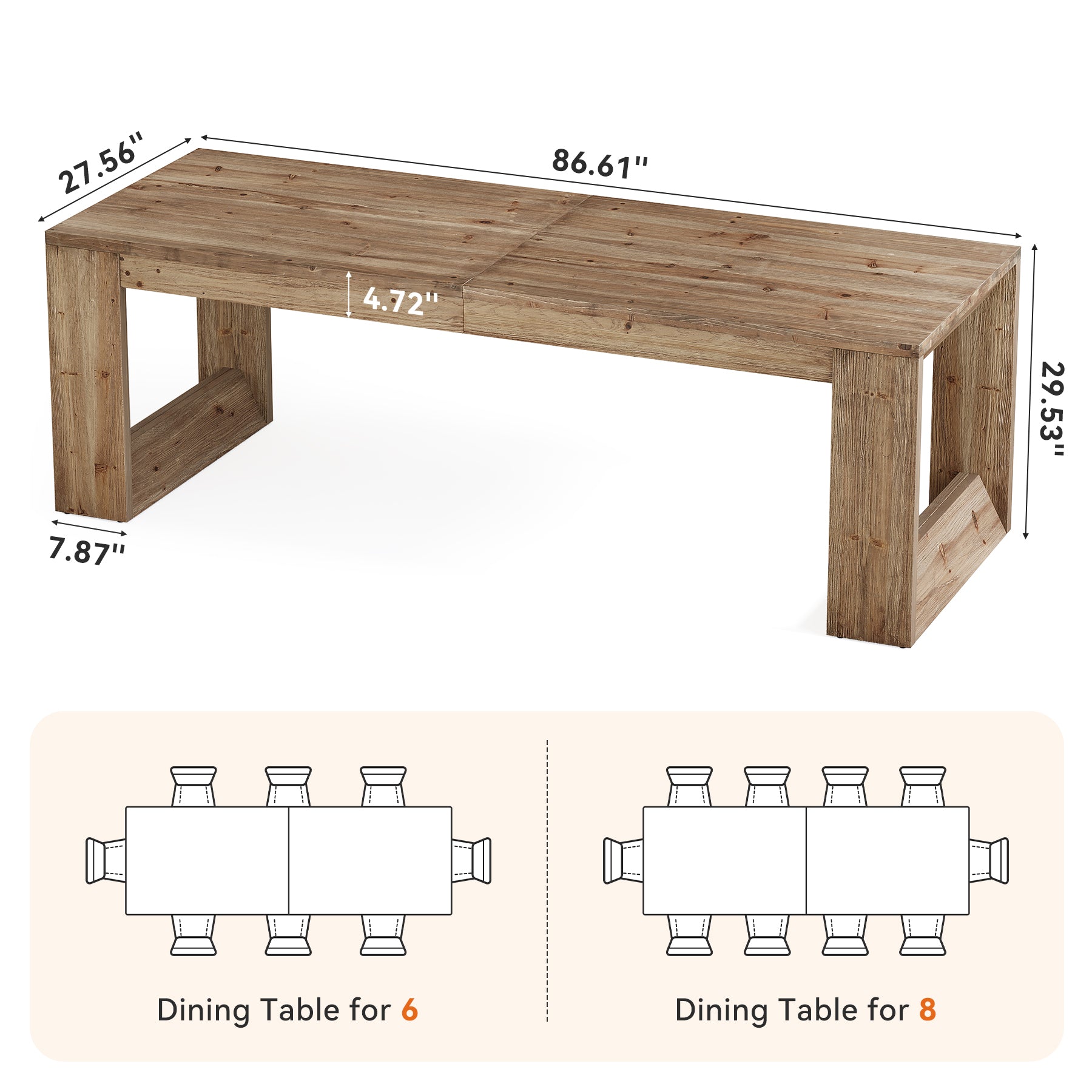 Solid Wood Dining Table, 86.6" Rectangular Kitchen Table for 8-10 People