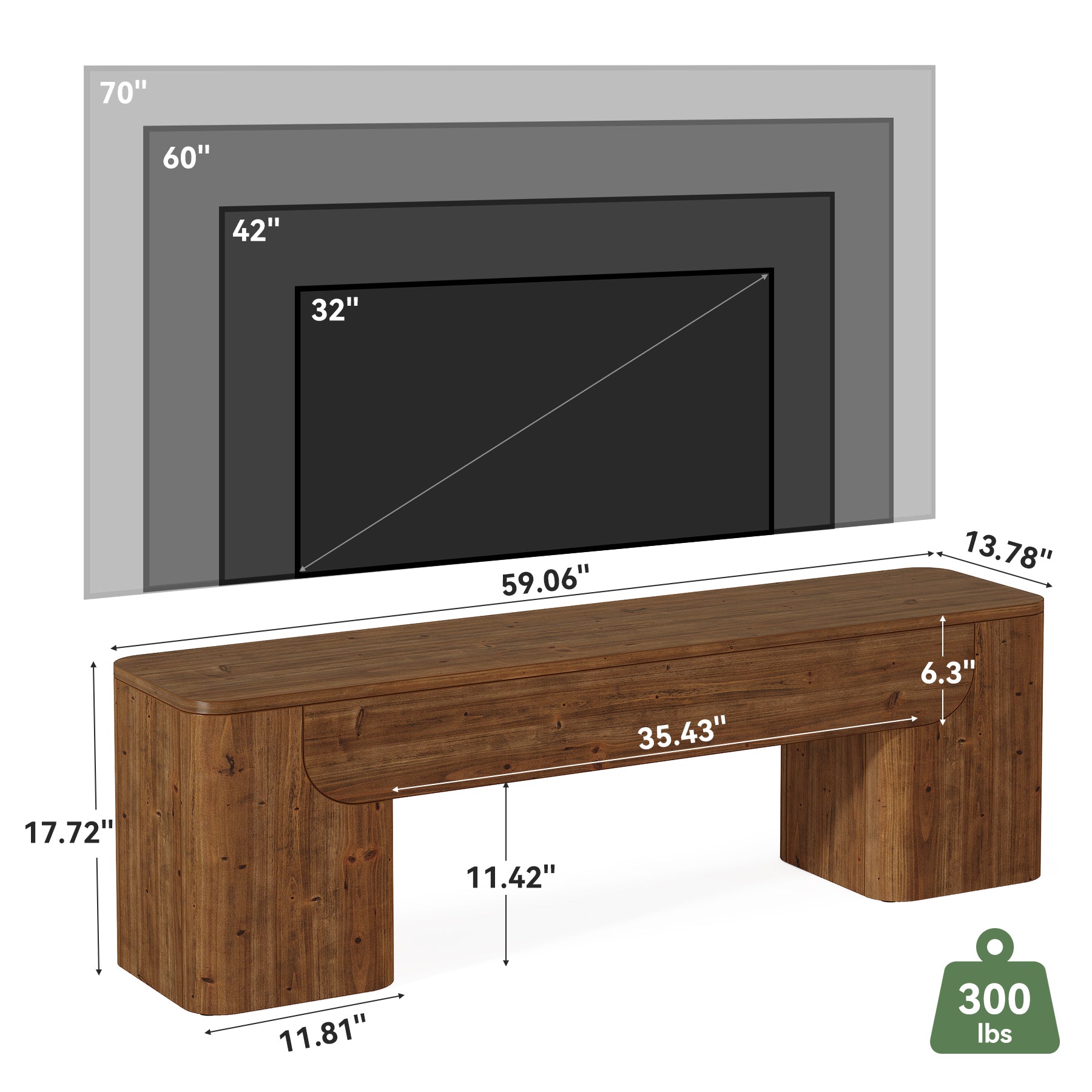 59" Solid Wood TV Stand, Heavy Duty Media TV Console for 55/60/65/75-Inch TVs