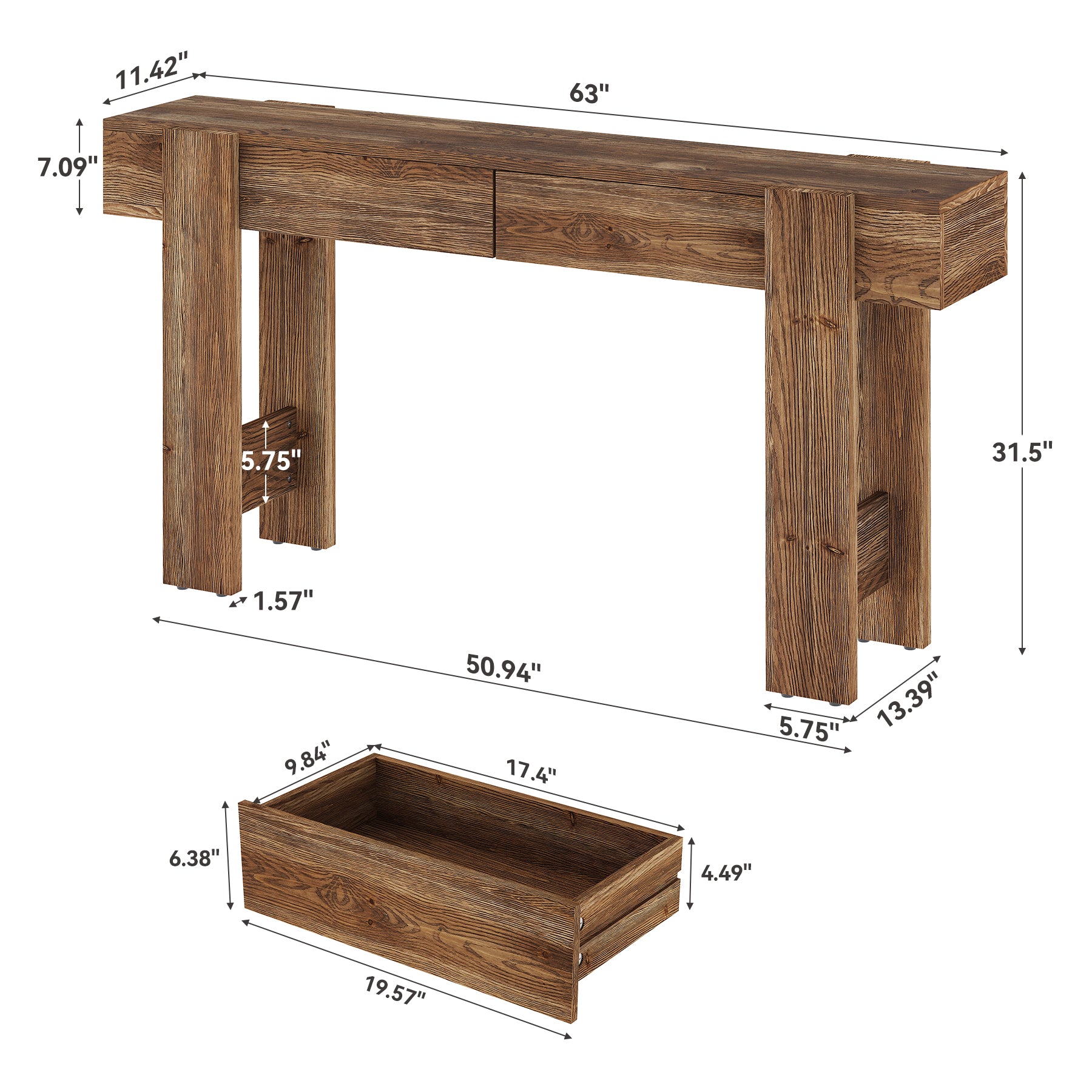Solid Wood Console Table, 63" Long Entryway Table with 2 Drawers