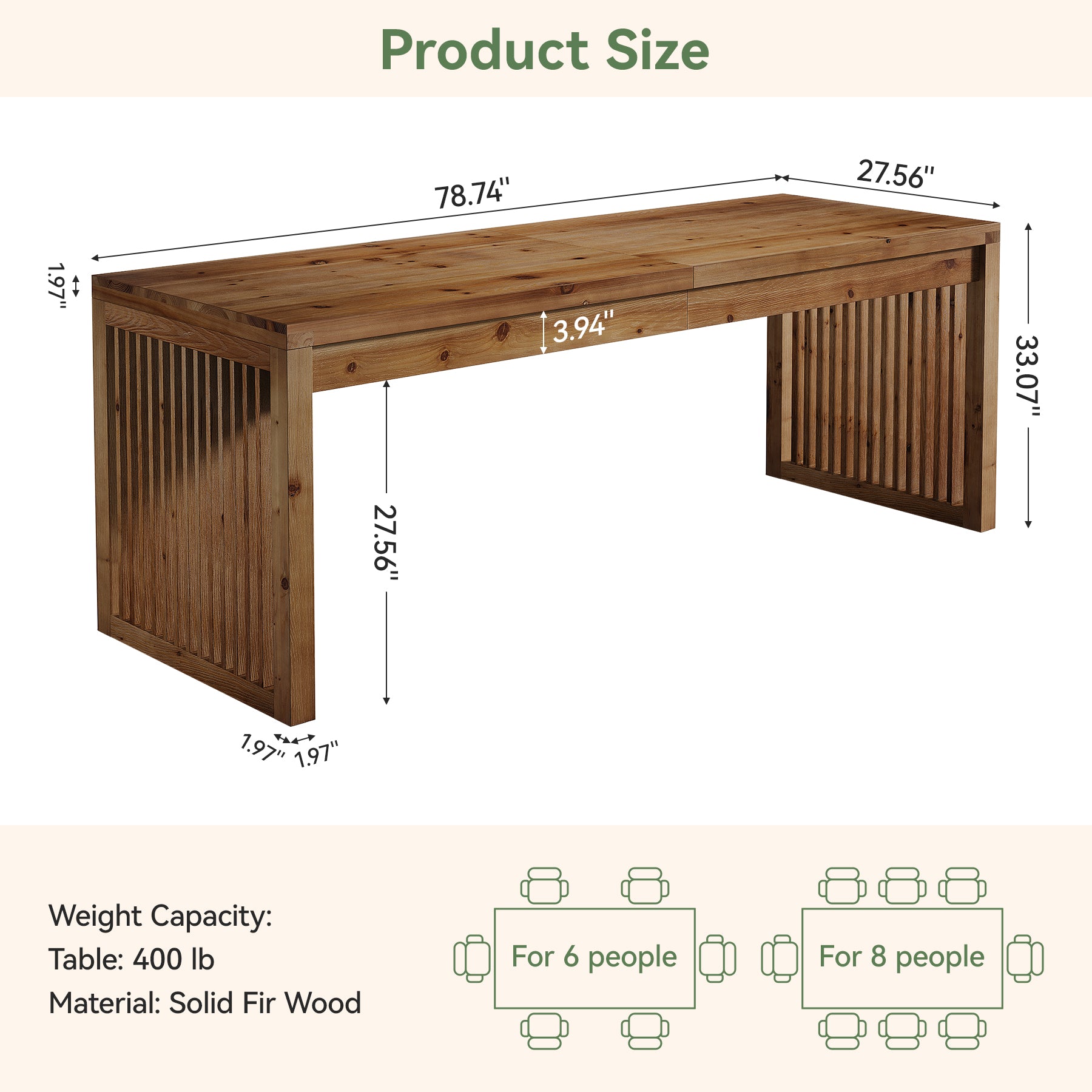 79" Solid Wood Dining Table, Rectangular Kitchen Table with Slat Legs for 6-8 People