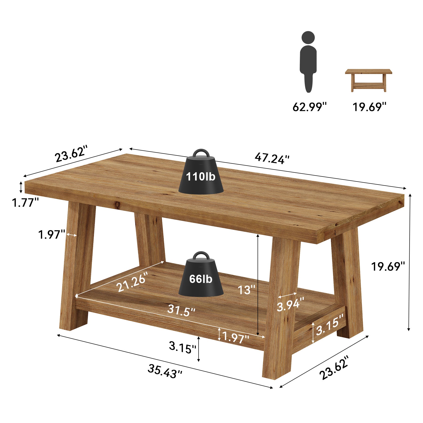 Solid Wood Coffee Table, 2-Tier Rectangle Center Table with Lower Storage Shelf