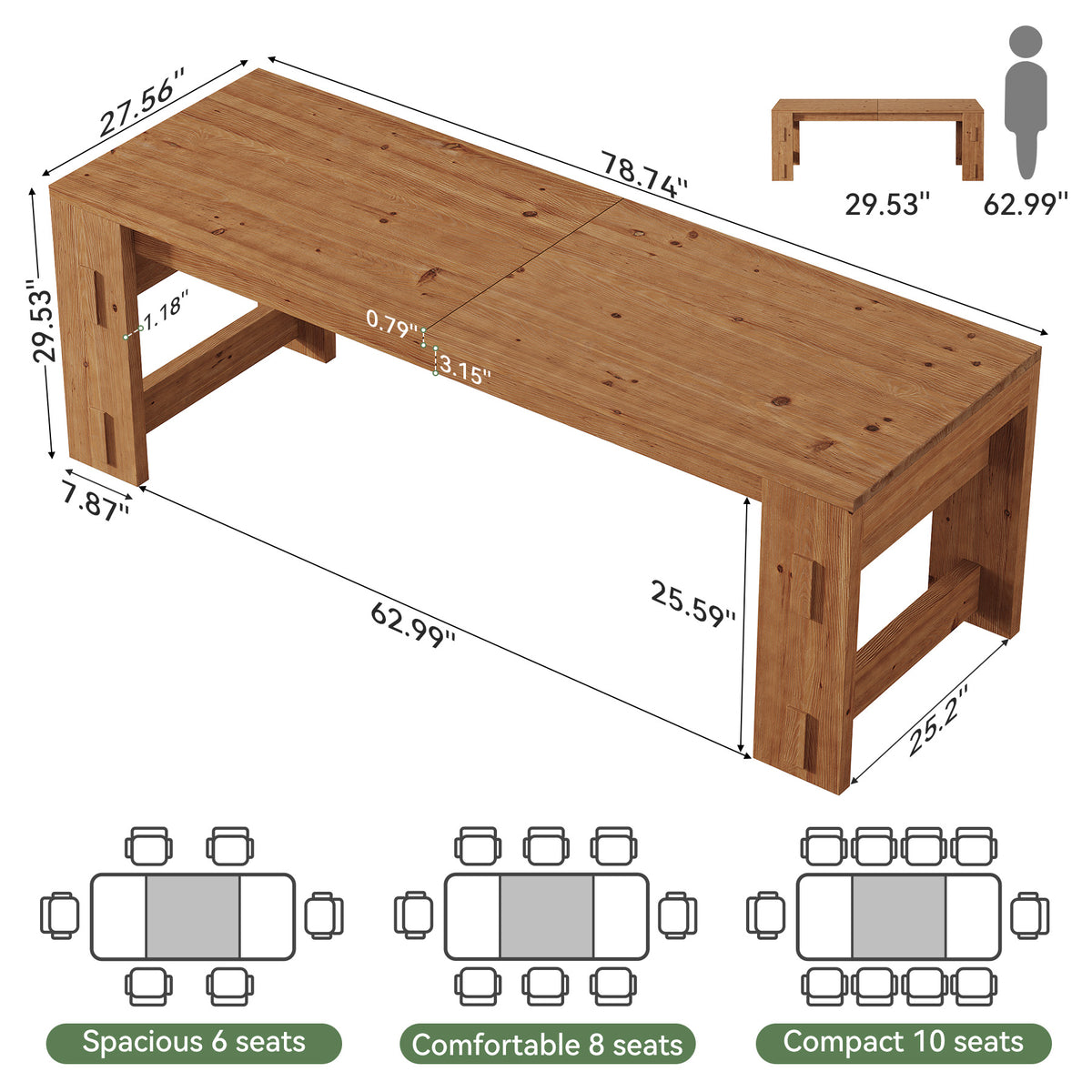 78.7" Solid Wood Dining Table, Rectanglular Kitchen Table with Heavy‑Duty Pedestal for 6-8