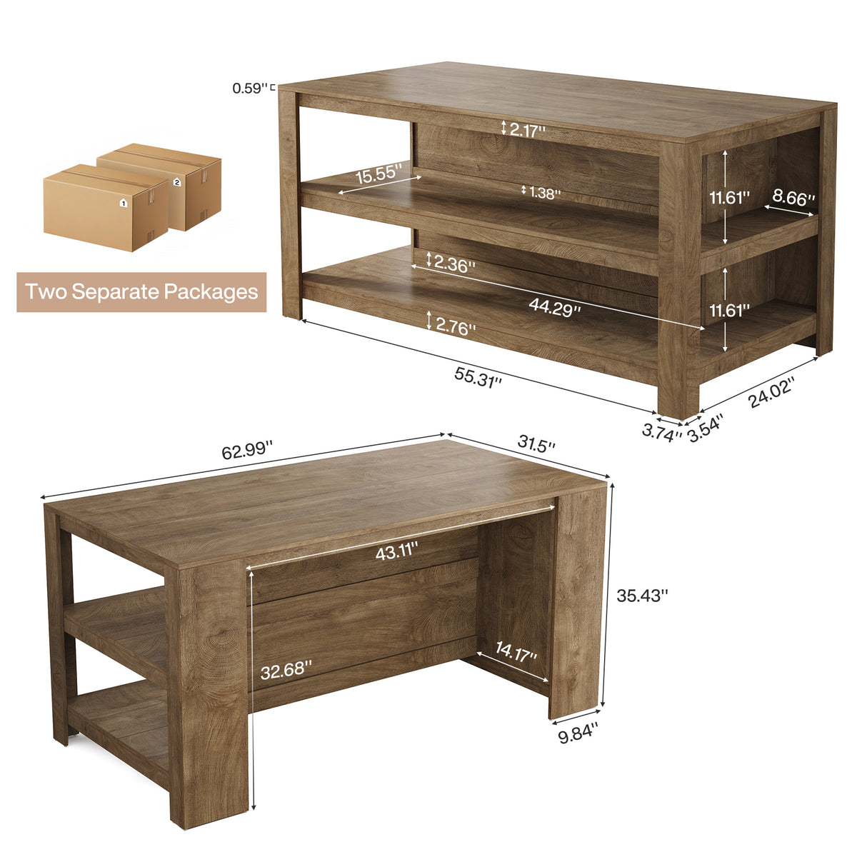 63" Kitchen Island, 2-Tier Counter Height Bar Table with Storage for Kitchen, Dining Room