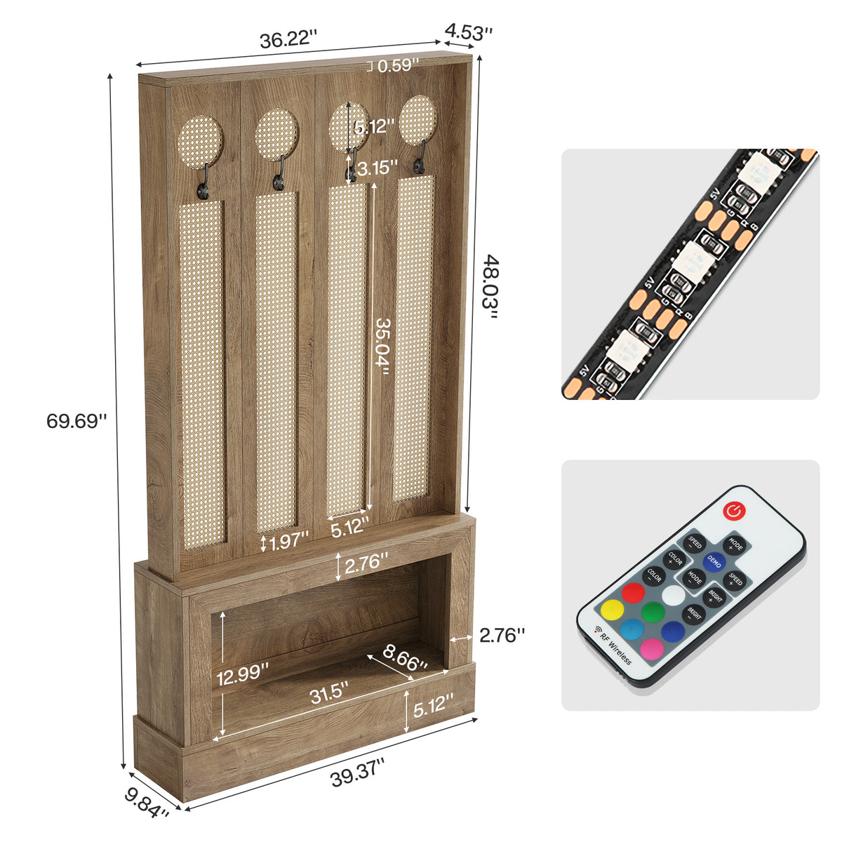 69.7" Hall Tree with Shoe Storage, Rattan Coat Rack with LED Light, 4 Hooks for Hallway