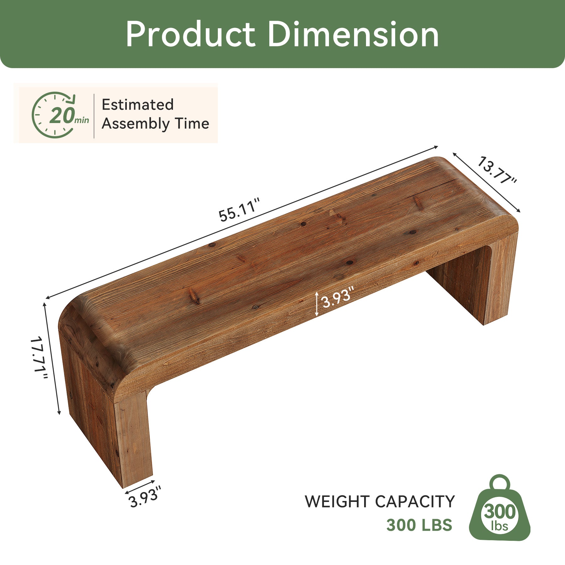 55" Modern Dining Bench, Solid Wood Entryway Bench with Thick Block Seat