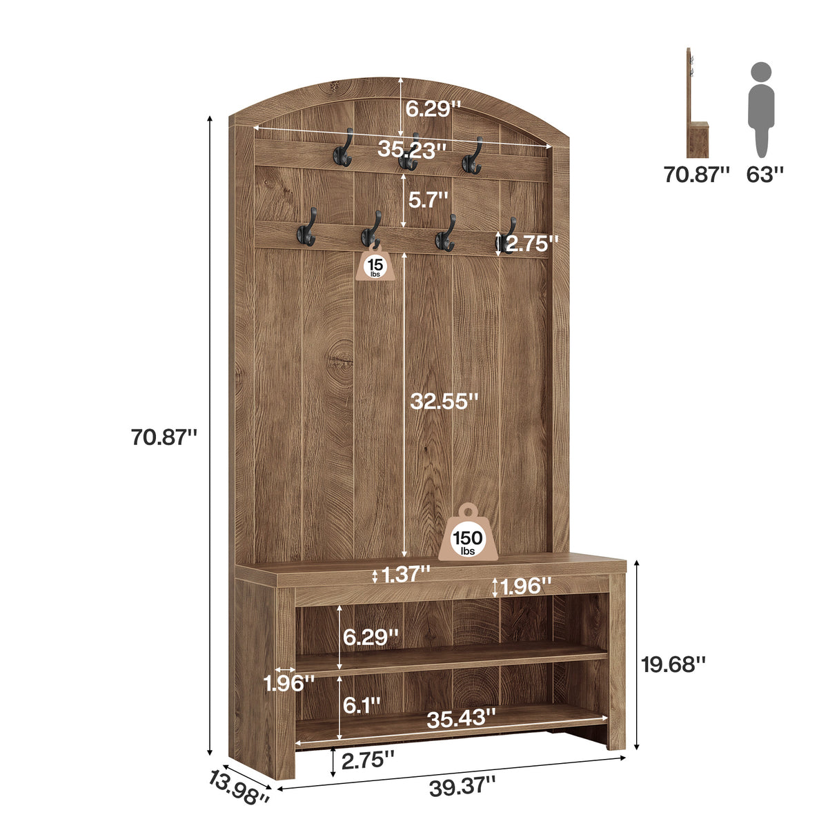 70.9" Hall Tree with Coat Rack and Shoe Storage, 3-in-1 Farmhouse Entryway Organizer with 7 Hooks
